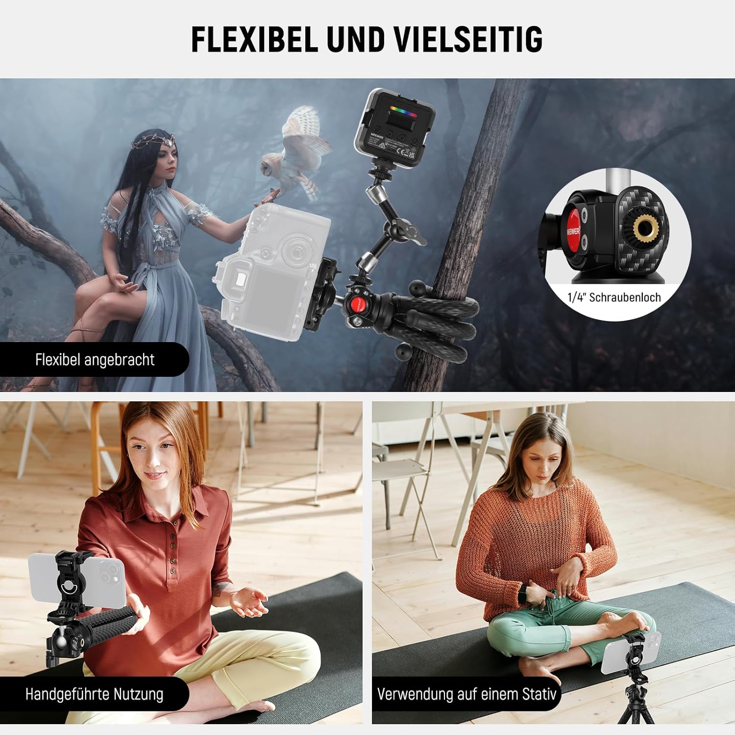 Thumbnail 1 de NEEWER Flexibles Handy Stativ (Mini-Tischstativ) mit verstecktem Telefonhalter und Action‑Kamera-Adapter – TP34