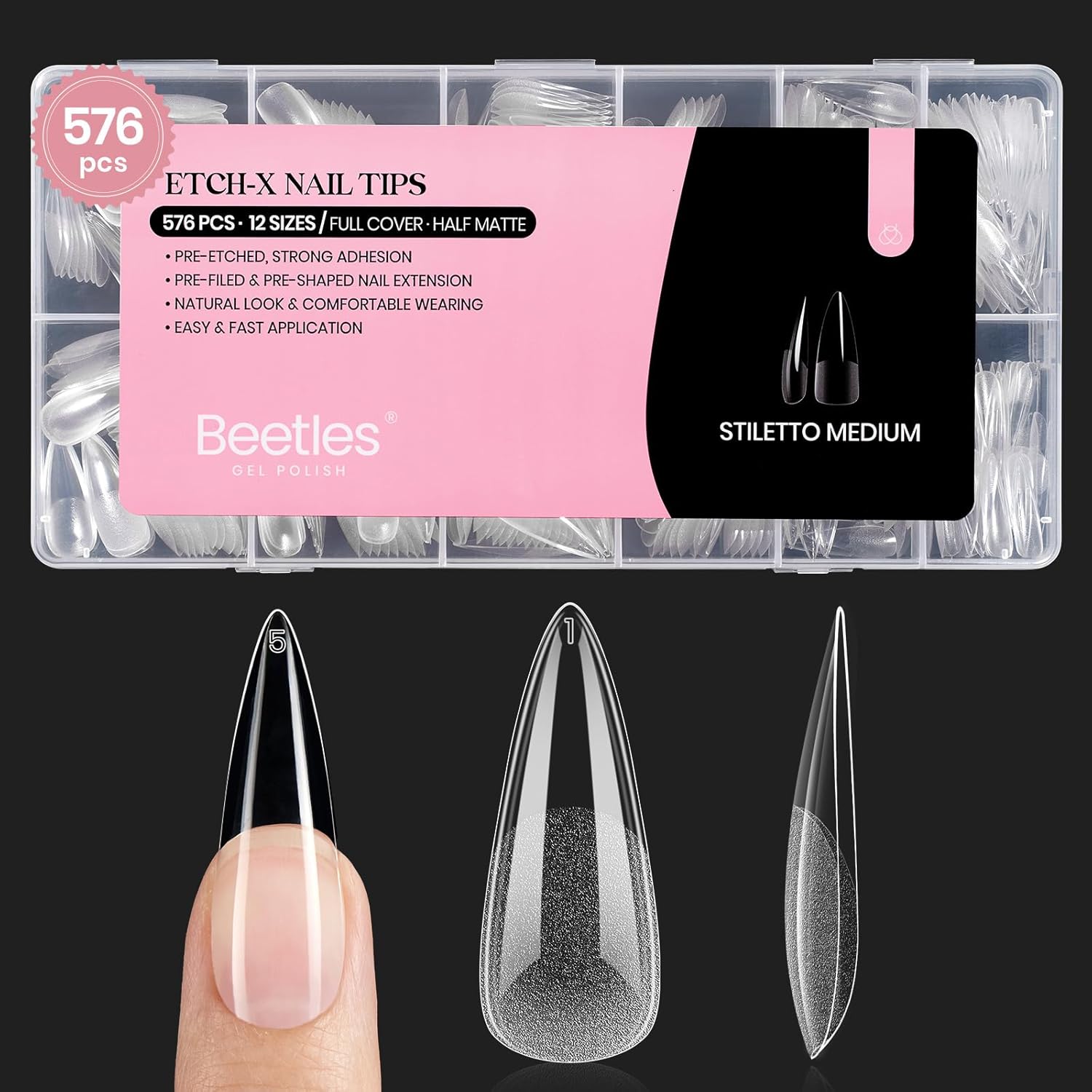 Beetles Gel-Nagelspitzen Stiletto mittel Etch-X – 576 Stück, 12 Größen, vorgeätzt, halbmatt, zum Aufkleben