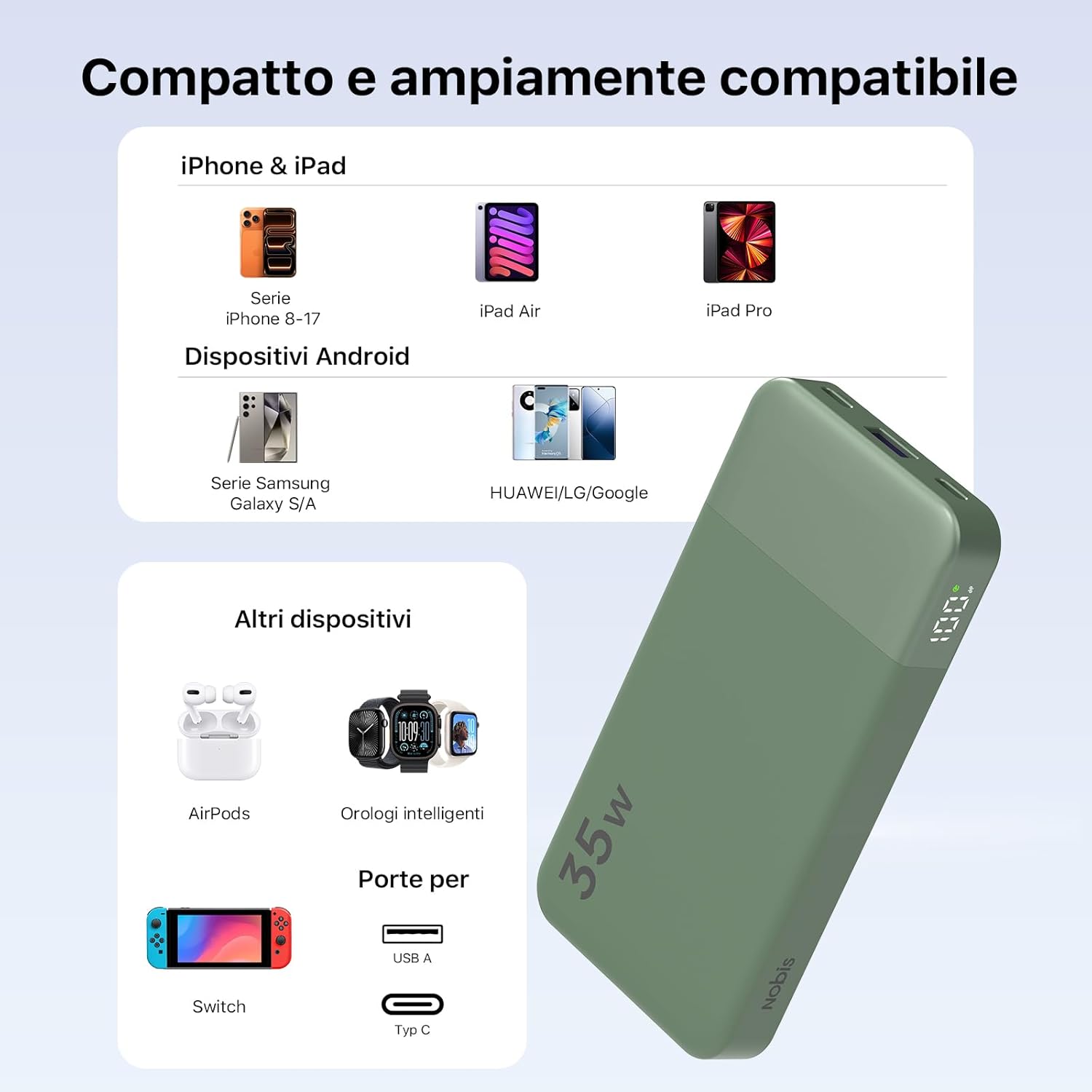 Thumbnail 5 de NOBIS Power Bank 35W portatile da 10.000 mAh con doppia ricarica rapida (USB-C & USB-A) e display digitale