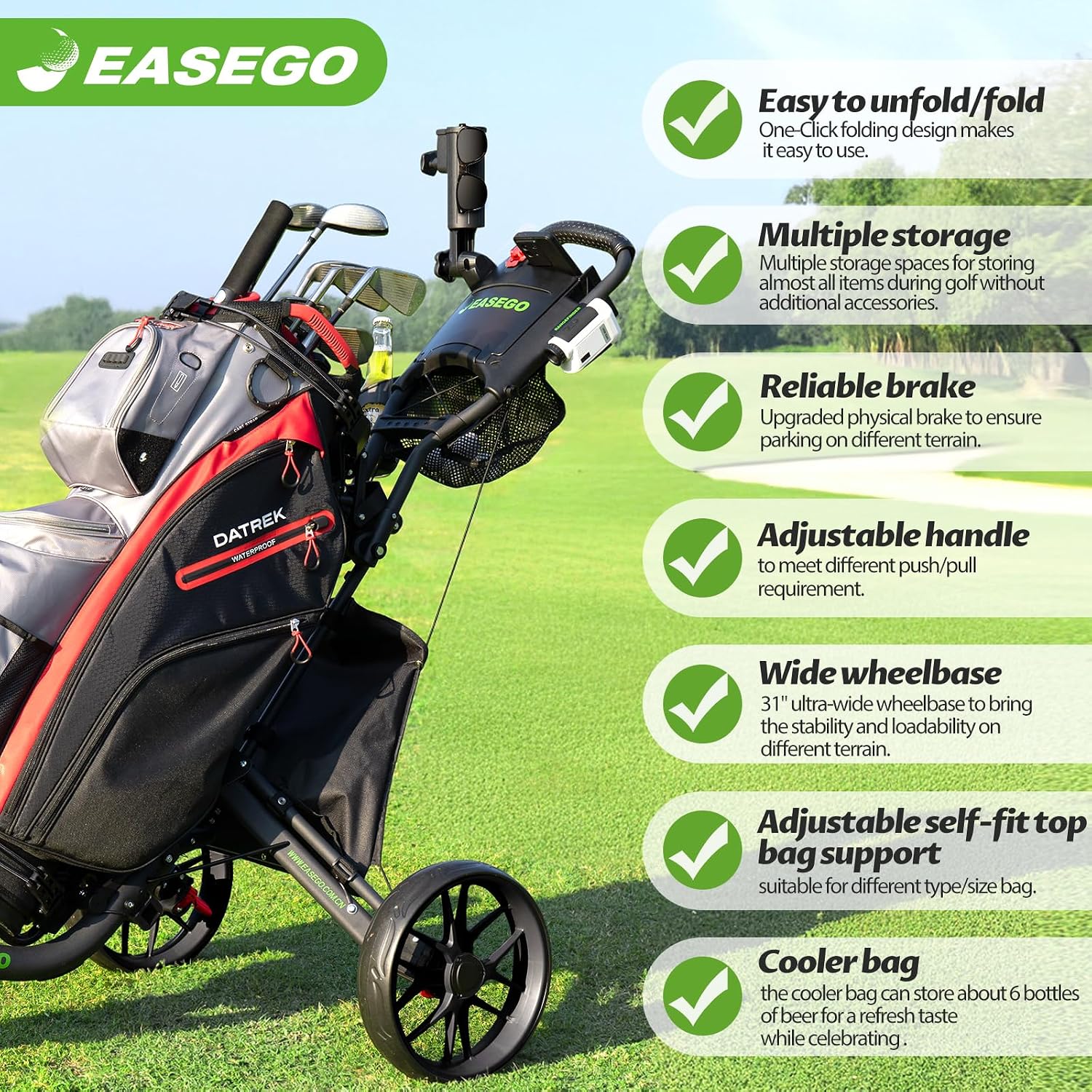 Detalle de EASEGO 3-Wheel Golf Push Cart, 18 lb
