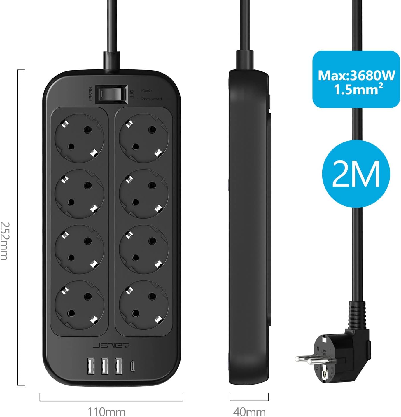 Thumbnail 5 de JSVER Multiprise 8 prises avec USB-C et USB-A, câble 2 m – Surtension, terre et interrupteur