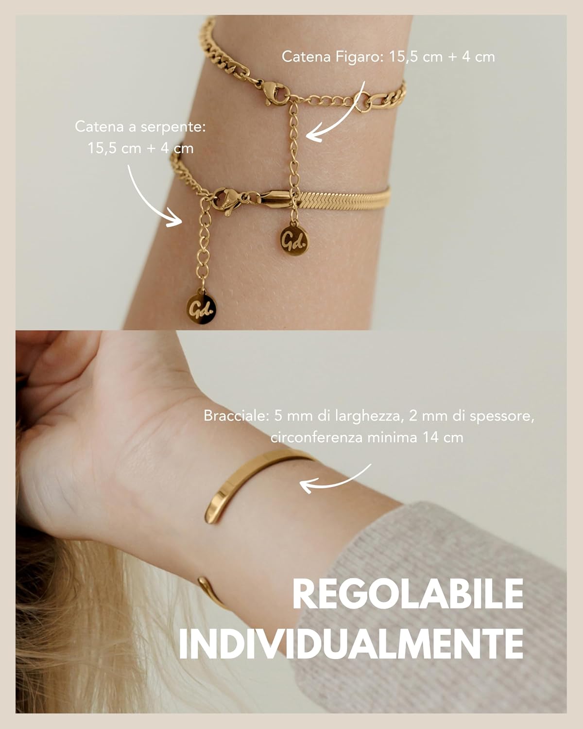Detalle de Set di 3 bracciali da donna in acciaio 316L oro, argento o oro rosa – regolabili e combinabili