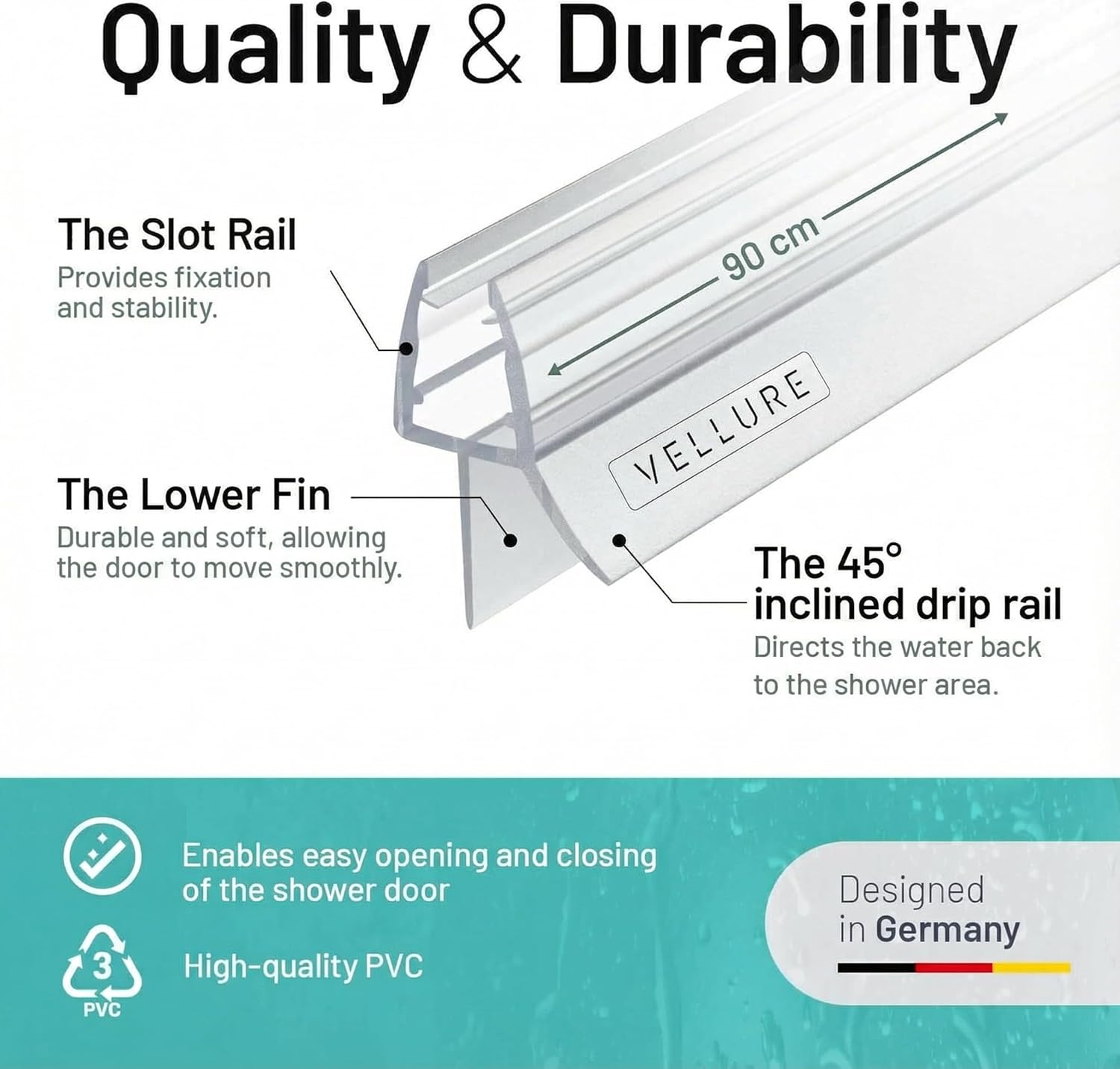 Thumbnail 6 de Vellure Curved Shower Screen Seal Strip – Premium Bottom Seal for 6 mm Glass (±1 mm), Up to 12 mm Gap, Universal up to 90 cm