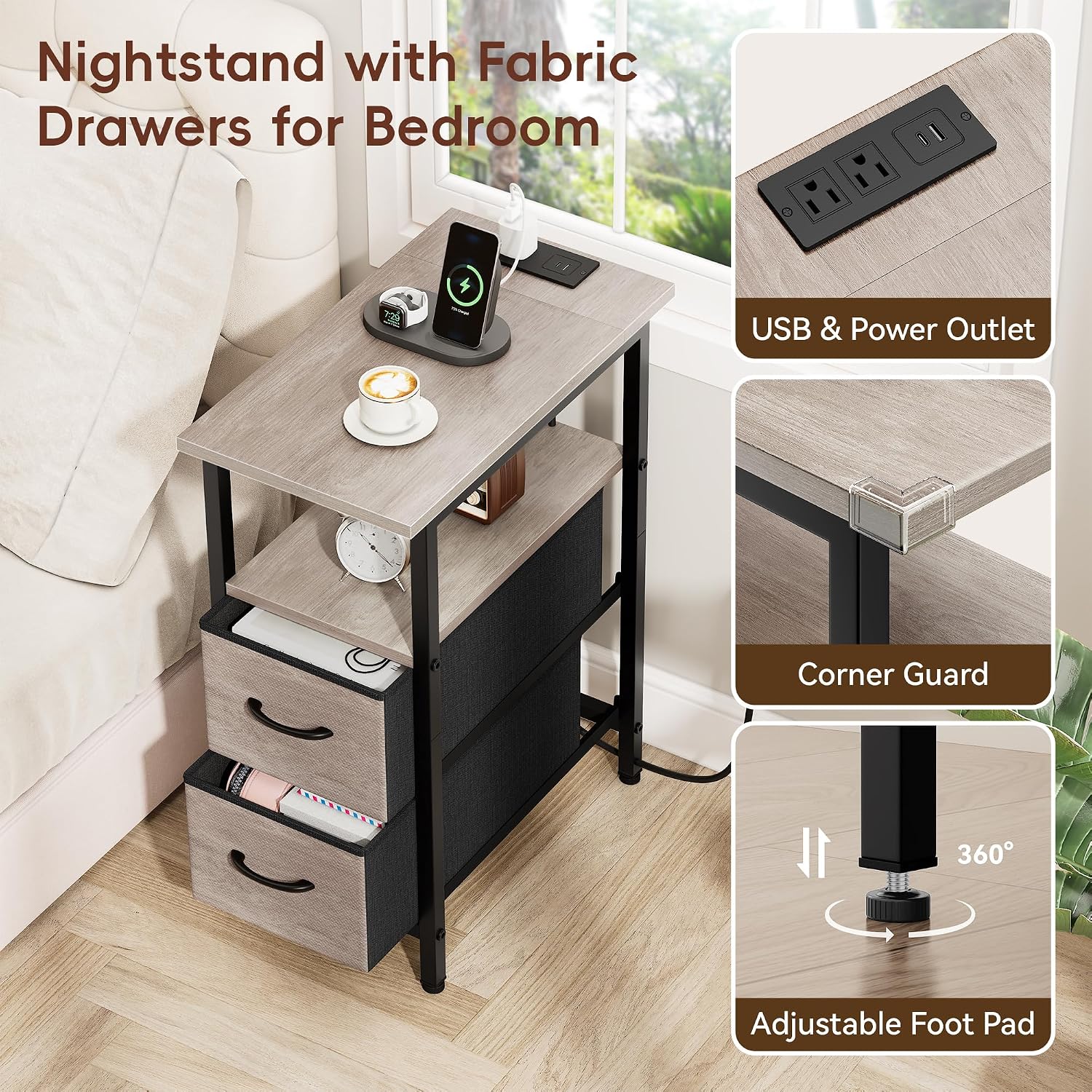 Thumbnail 5 de Vagusicc Nightstand with Charging Station 23.85"