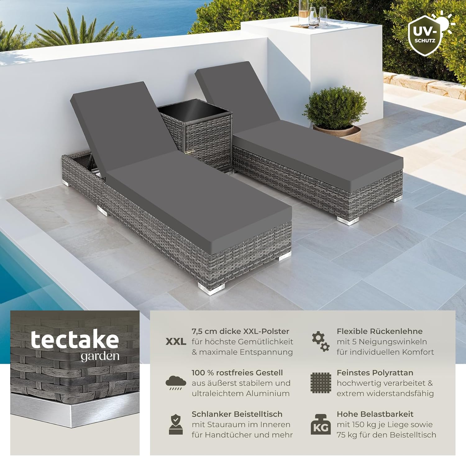 Thumbnail 1 de tectake® 2er Garten Lounge Sonnenliegen-Set mit Tisch (2er Set, grau)