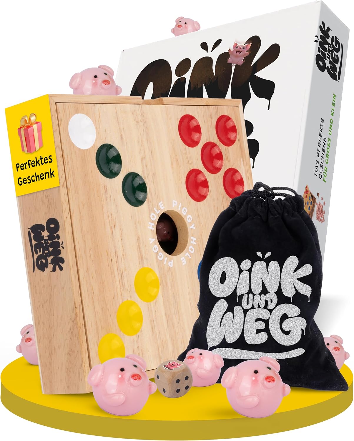 Detalle de OINK und Weg – Schweinchen Spiel Holz (Big Hole Familienspiel zum taktischen Würfeln)