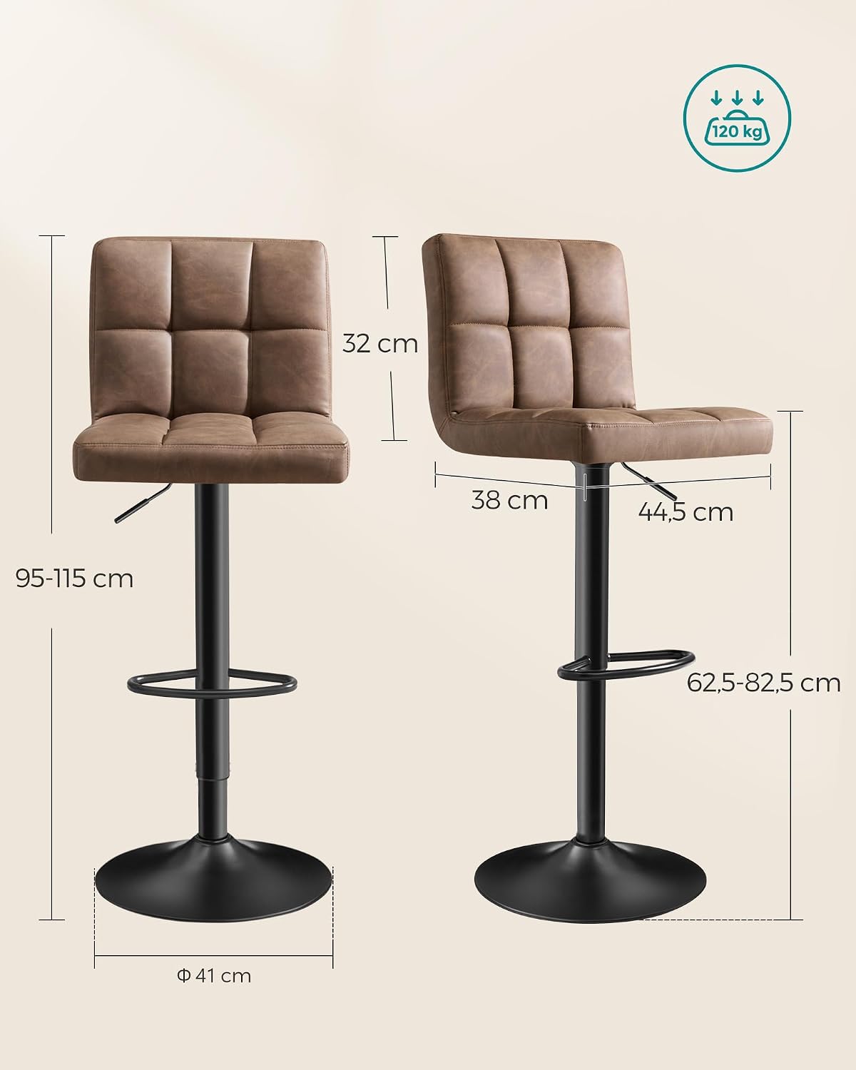 Thumbnail 2 de SONGMICS Set da Bar con 2 Sgabelli Girevoli Regolabili in Altezza LJB064K02 – Sedie da Cucina con Schienale e Poggiapiedi (Marrone Noce)