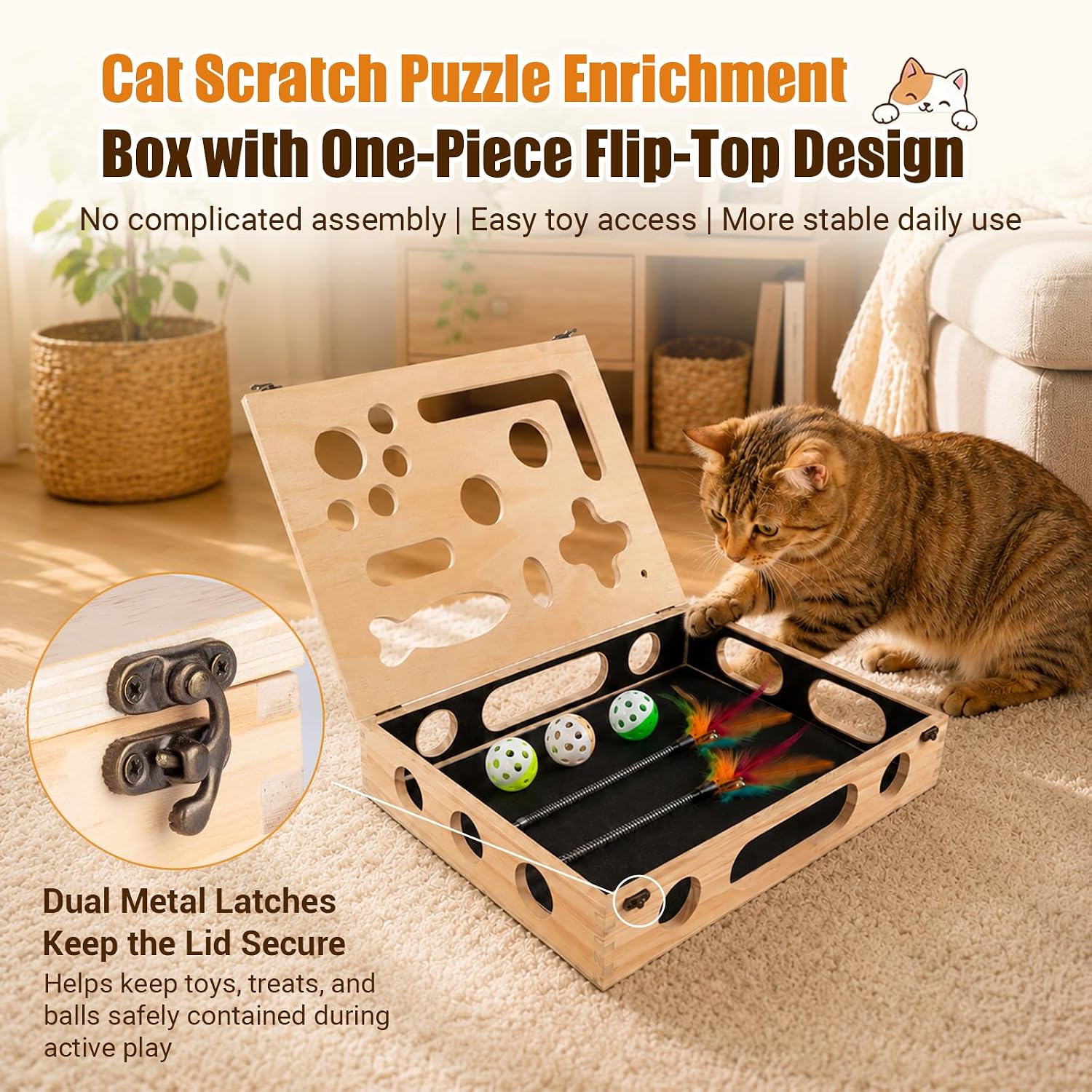 Detalle de UOPON CNFSB-0001 Cat Scratch Puzzle Box with Sandpaper, Feather Wands & Bell Balls