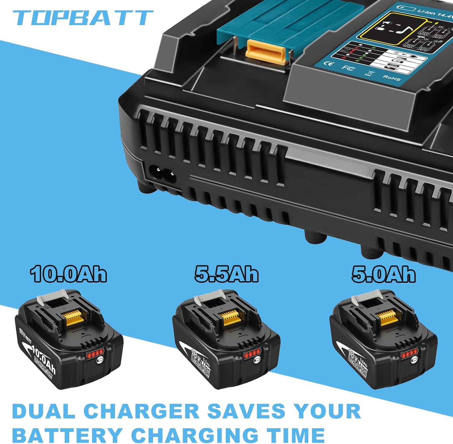 Detalle 1 de 2Stück 10000mAh BL1860B Akku-Set mit Doppelaufladung 3A DC18RD Ladegerät für Makita 14,4–18V