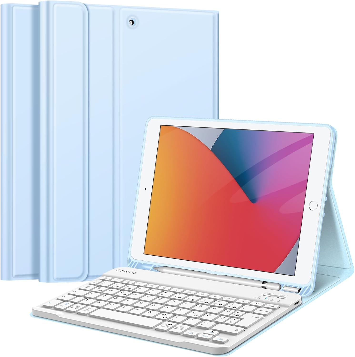 Detalle de FINTIE Tastatur Hülle für iPad 10,2 Zoll (9./8./7. Gen., 2019–2021) mit QWERTZ, TPU-Rückschale und Stifthalter – Himmelblau