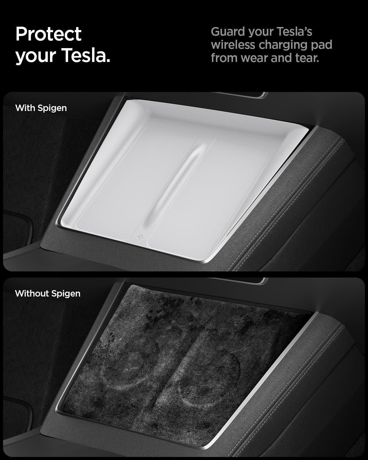 Detalle de Spigen Mittelkonsole Abdeckung für kabelloses Ladepad (Tesla Model Y Juniper 2025/2026) – Ultraflach 0,8 mm, Silikon – Weiß