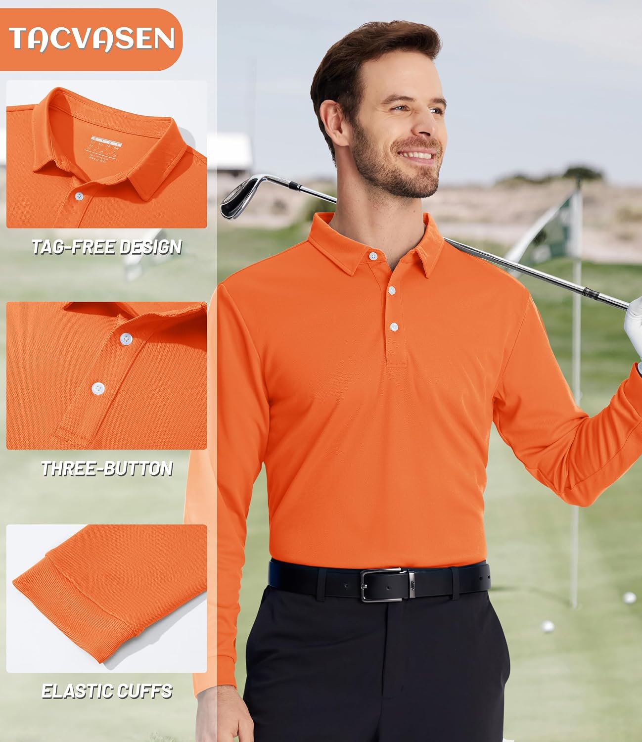 Detalle 2 de TACVASEN Men's Long Sleeve Polo Shirt – Quick Dry, Breathable Golf/Work Top
