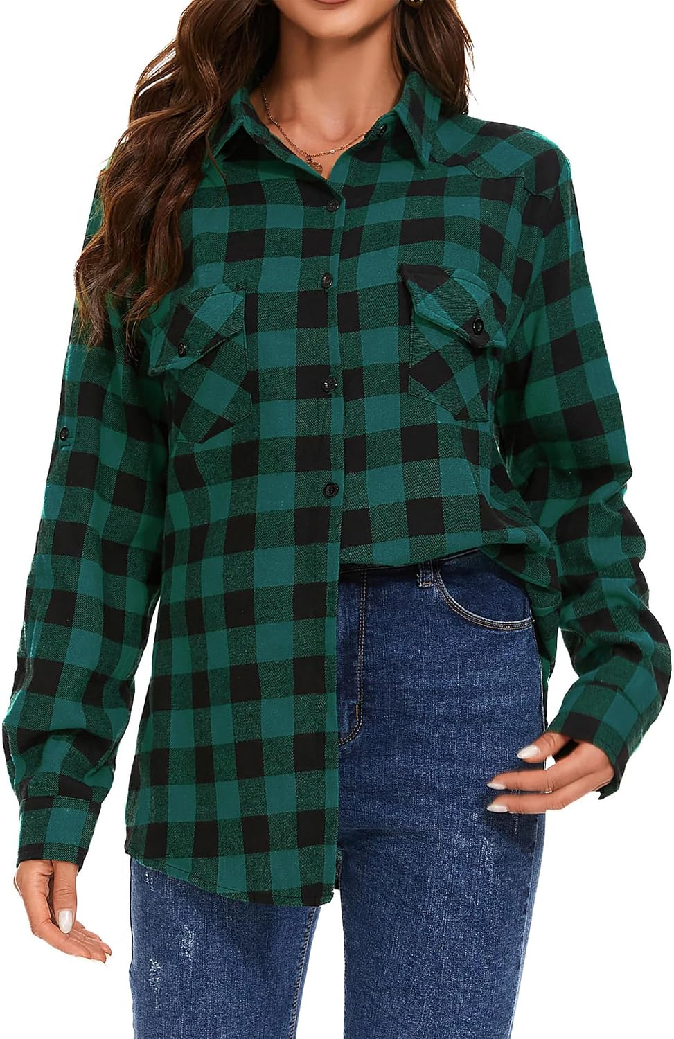 Detalle de Timuspo geruite damesblouse van flanel met lange mouwen en V-hals
