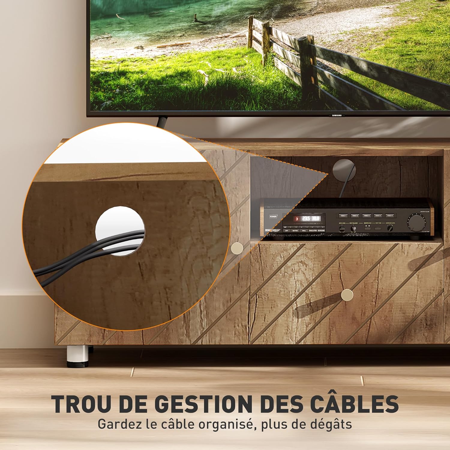 Thumbnail 4 de HOMCOM Meuble TV en Bois Naturel – Banc TV 120 x 30 x 45 cm, jusqu’à 50 pouces, 2 armoires, compartiment ouvert et tiroir