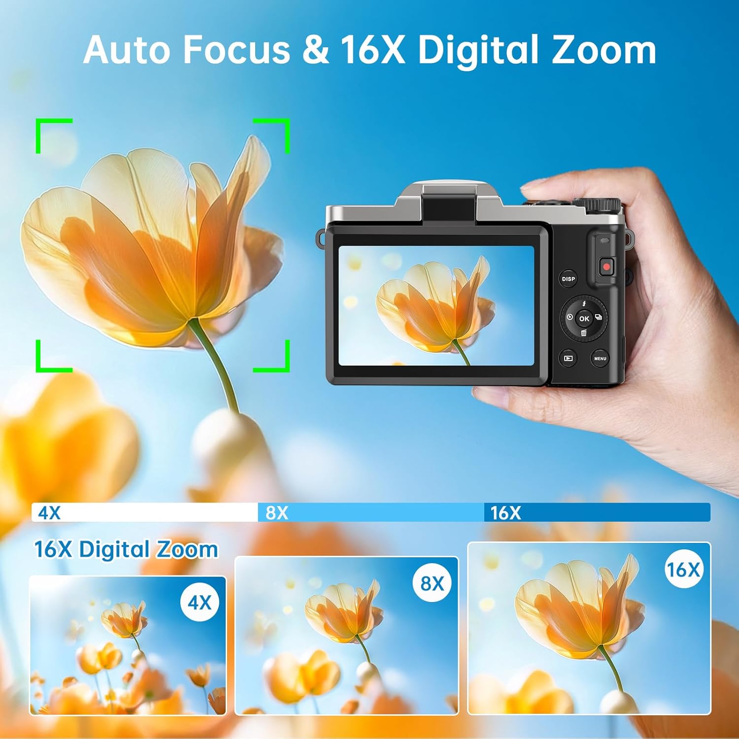 Thumbnail 3 de Fotocamera digitale compatta con WiFi, 4K e 64 MP, schermo flip 180° e zoom 16x (include scheda 32GB)