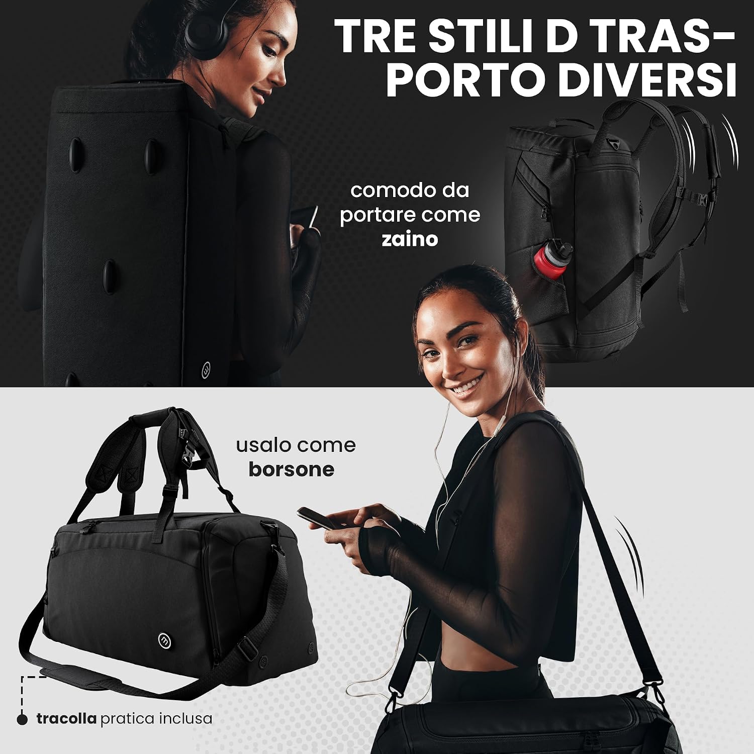 Detalle de bemaxx Borsone Palestra 60L/40L – Borsa da Viaggio con Scomparto Scarpe e Bagnato, con Funzione Zaino