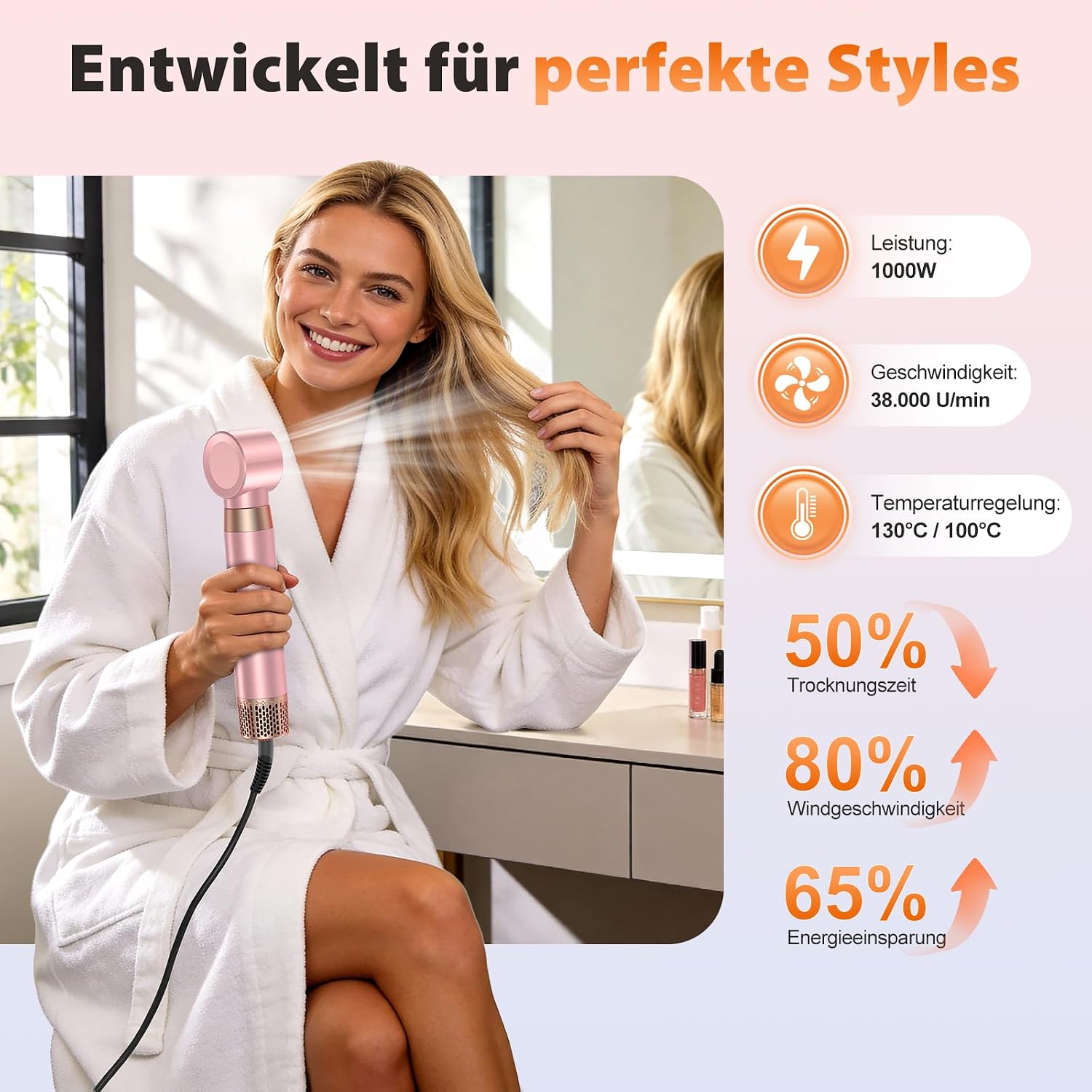 Detalle de 5-in-1-Föhnbürsten-Set: Upgrade-Haartrockner, Föhnbürste, Lockenstab Automatisch und Paddelbürste – kompakt, vielseitig und für die Familie