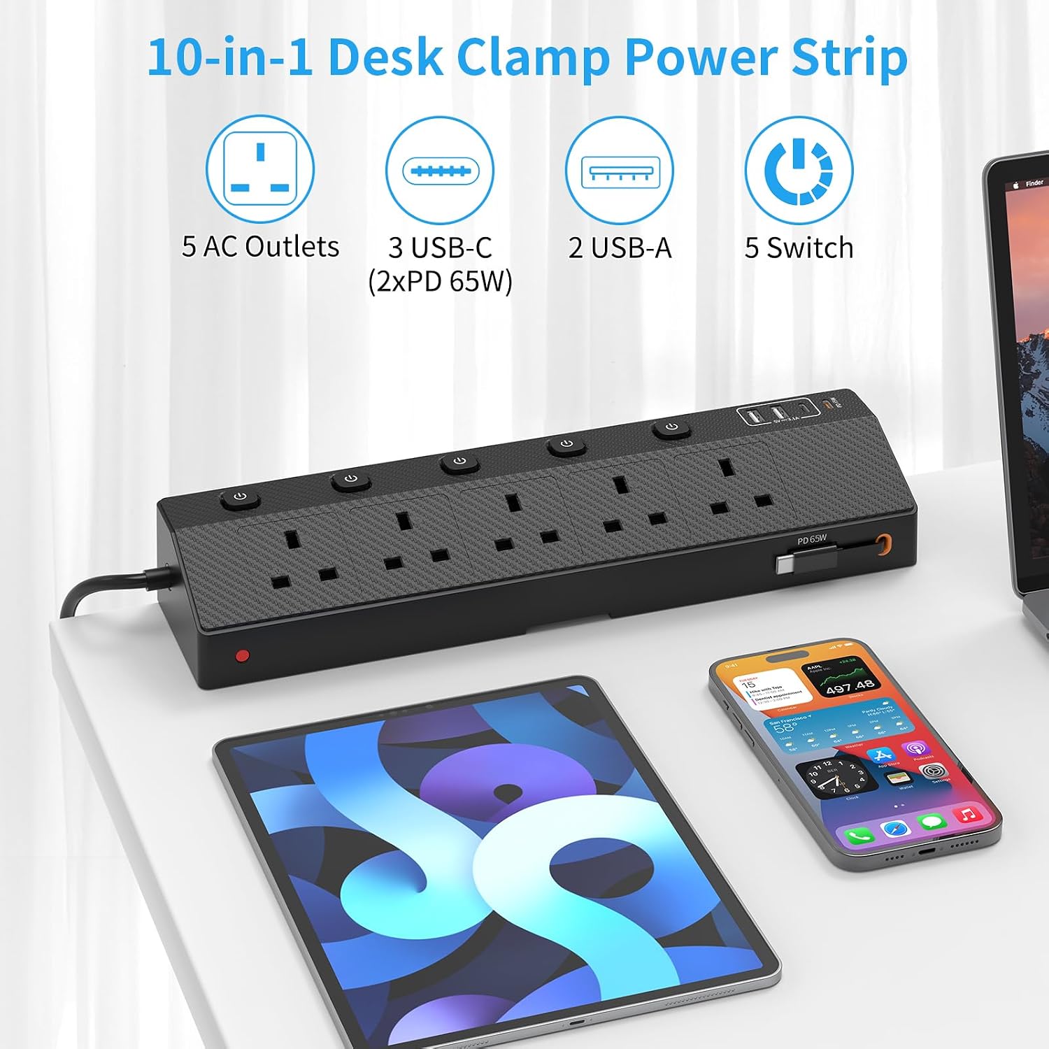 Detalle de Desk Extension Lead 1.8M with PD 65W USB‑C, 5 AC Sockets, 2 USB‑A and 3 USB‑C Ports, Retractable Cable & Desk Clamp