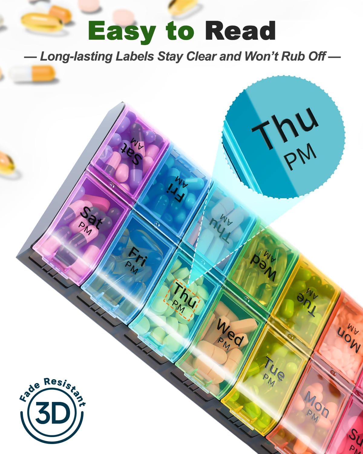Detalle de Extra Large Pill Organizer 2 Times a Day (Weekly XL AM PM) – Rainbow