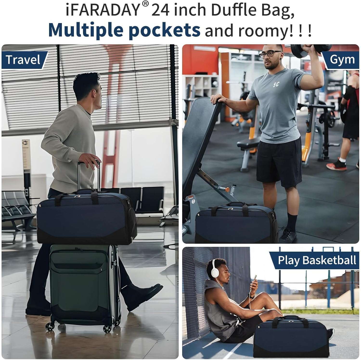 Detalle de LONALIA Sac de Sport 47L avec Compartiment à Chaussures – Bleu Marine
