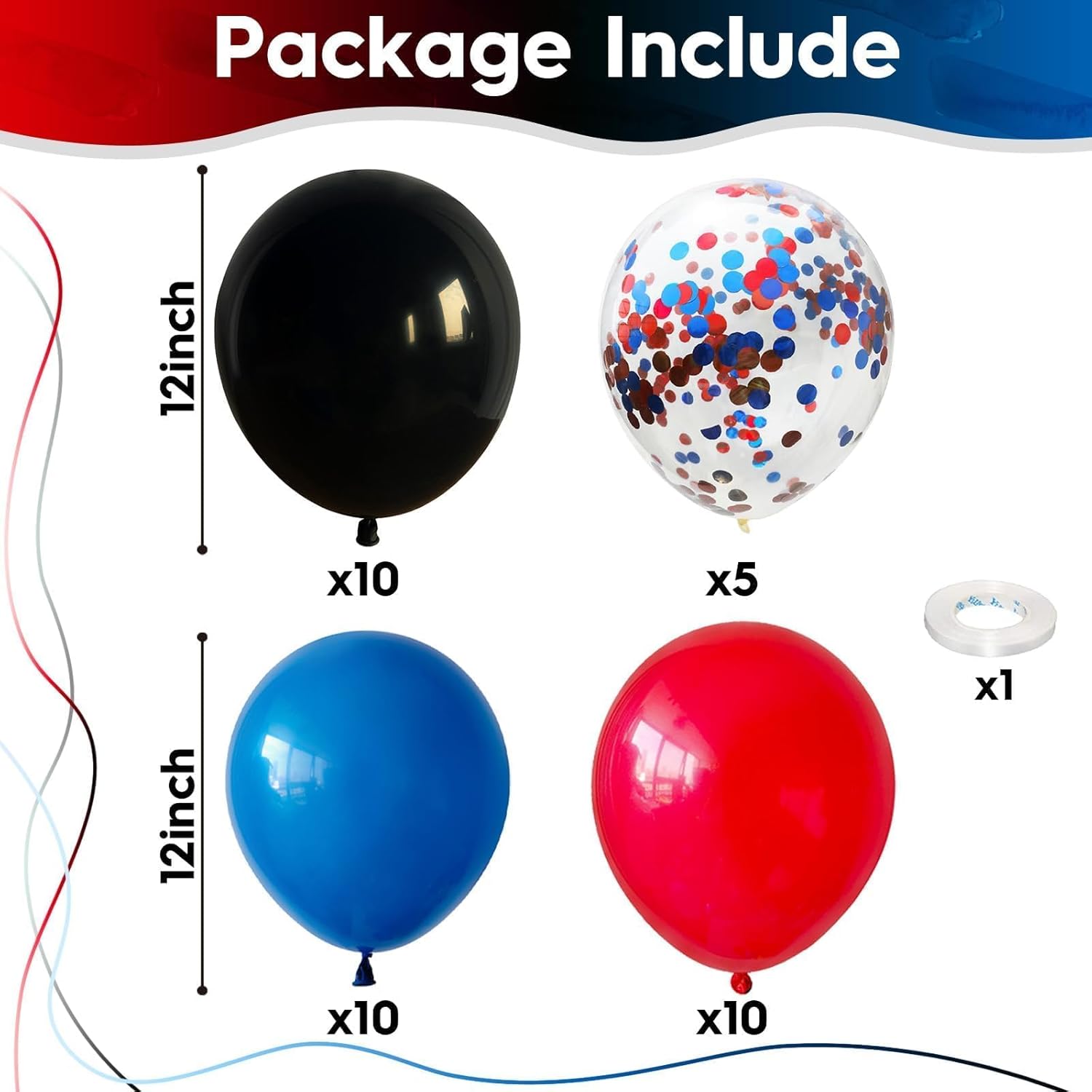 Detalle de Red Blue Black Balloons, 12 Inch Royal Blue Red Confetti Latex Balloon Kit — Spider Theme Party Decor