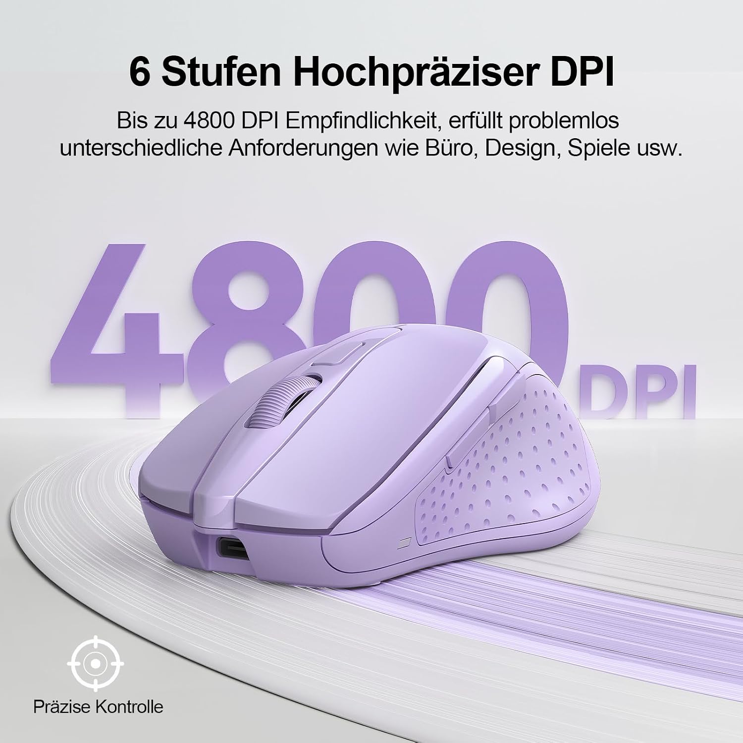 Detalle 2 de TECKNET Bluetooth Maus (wiederaufladbar, 3 Modi BT 5.0/3.0 + 2,4G, 4800 DPI) – ergonomisch, leise, lila