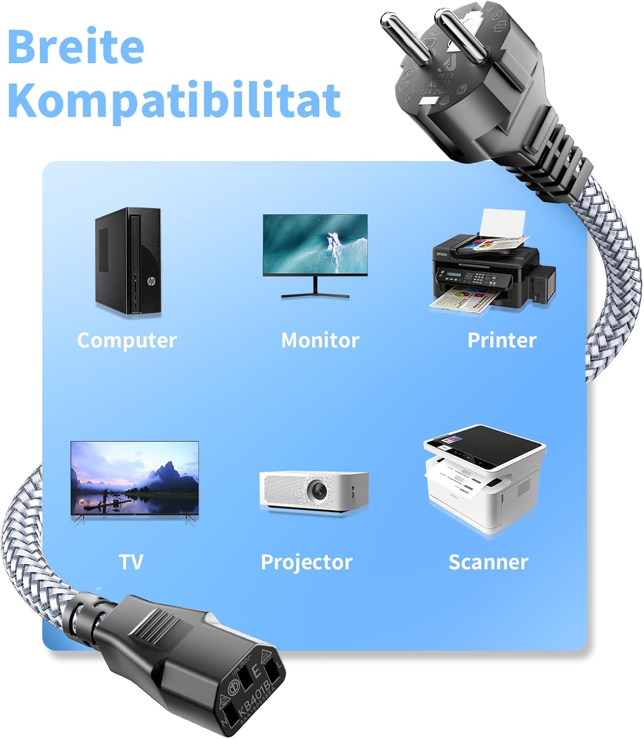 Thumbnail 4 de Netzkabel 3-polig Kaltgerätekabel 0,5 m Nylon-Geflecht, CEE 7/7 auf IEC60320 C13 – VDE-zertifiziert