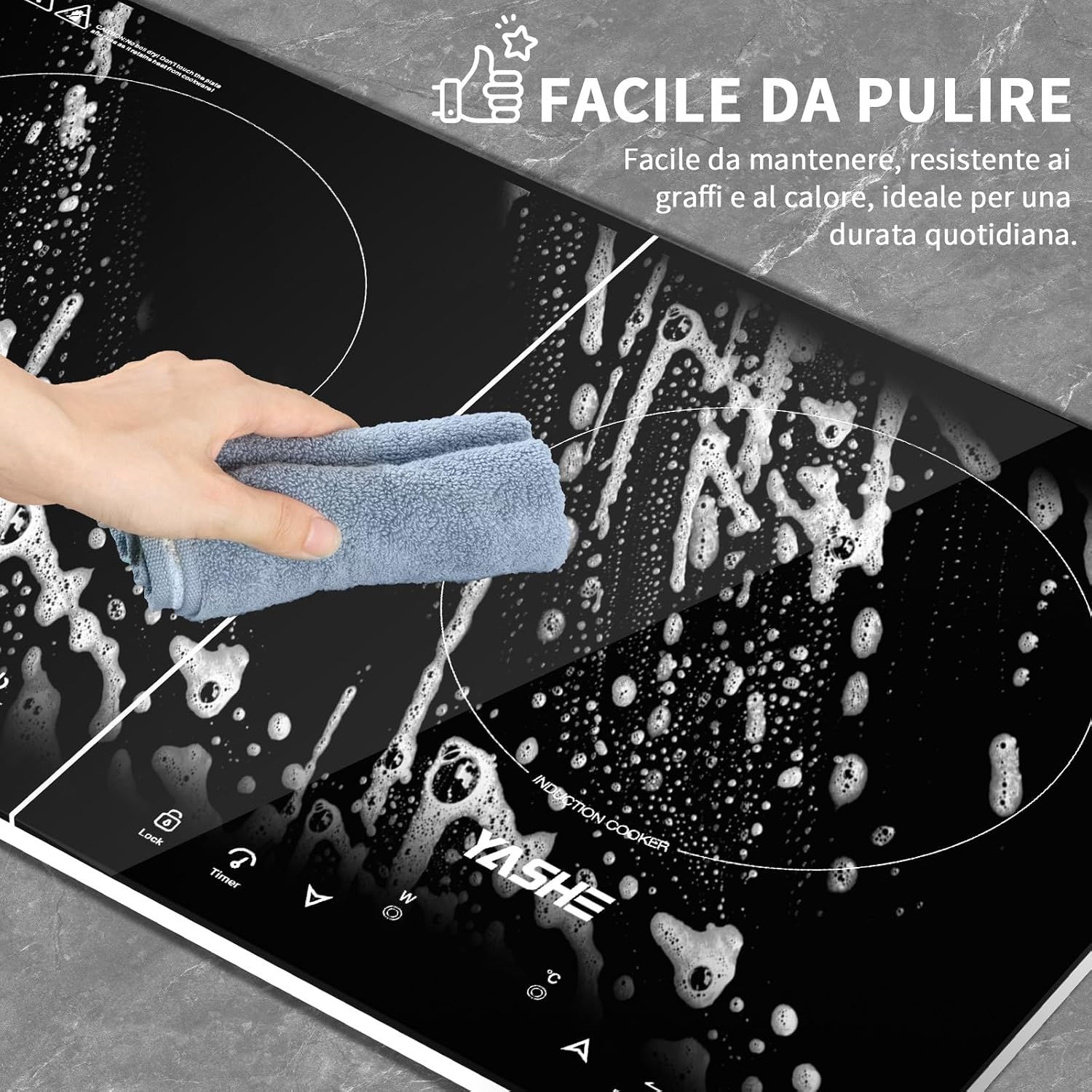 Detalle de YASHE Piastra a Induzione Doppia 3500W: due zone indipendenti, controllo touch e display LED