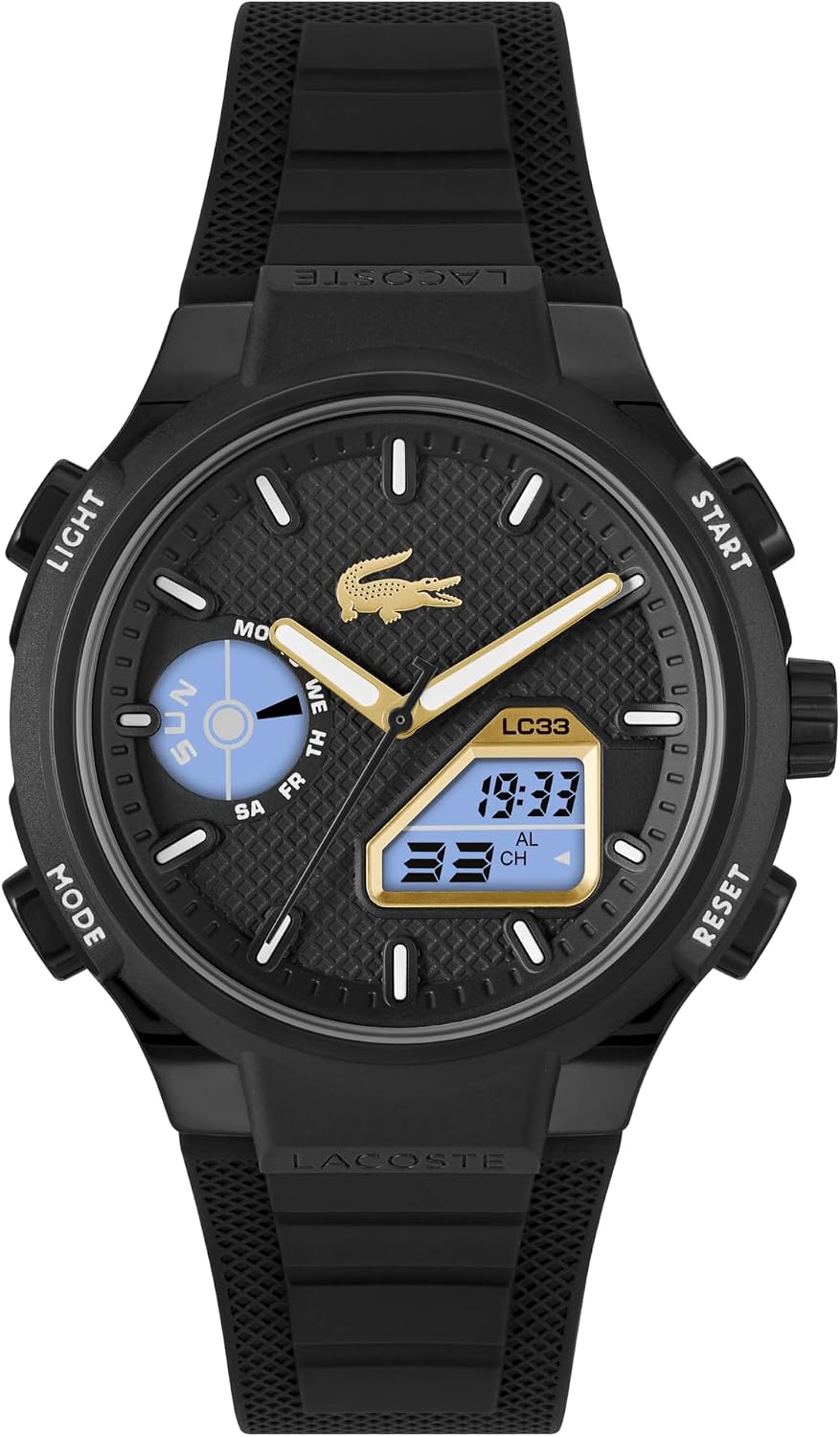 Detalle de Lacoste LC33 Montre hybride analogique-digital – 45 mm, bracelet silicone, étanchéité 10 ATM