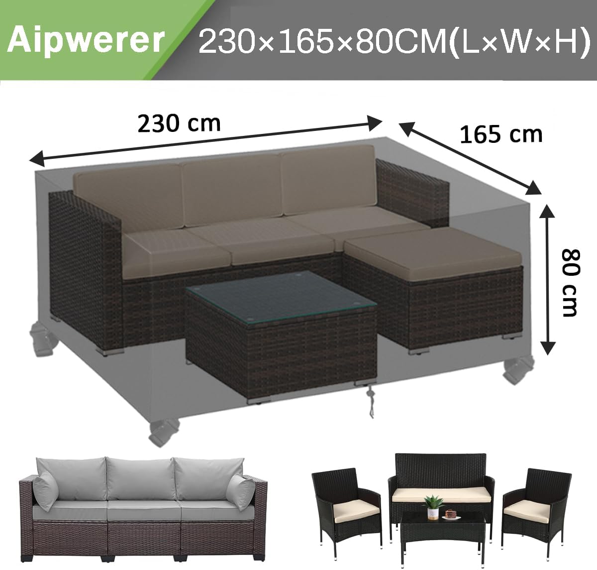 Detalle de Aipwerer Abdeckung für Gartenmöbel wasserdicht – Schutzhülle 420D/600D für rechteckigen Gartentisch (230x165x80 cm, Schwarz)