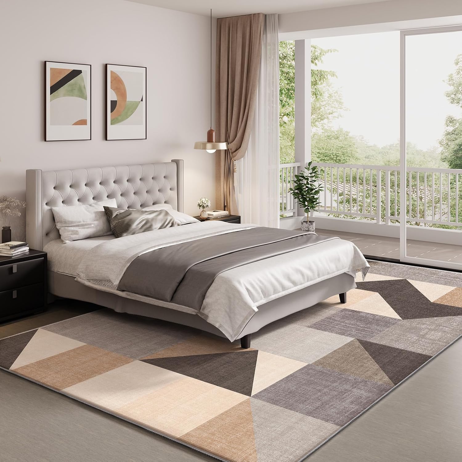 Detalle de HOMFINE vloerkleed 120 x 170 cm, bruin, 10 mm schuim en geometrisch patroon