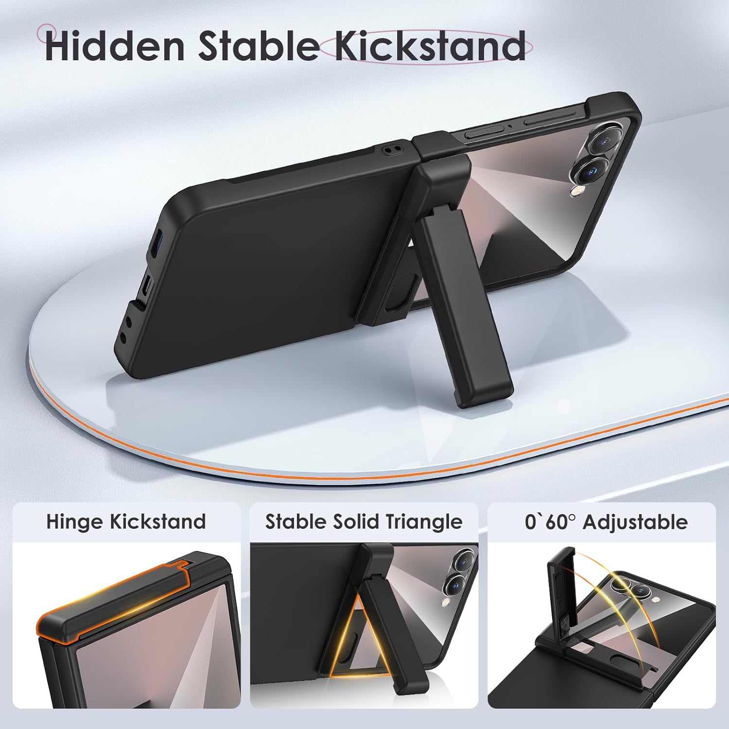 Detalle de HWeggo Case for Galaxy Z Flip 7: hinge protection, built‑in screen protector and hidden kickstand