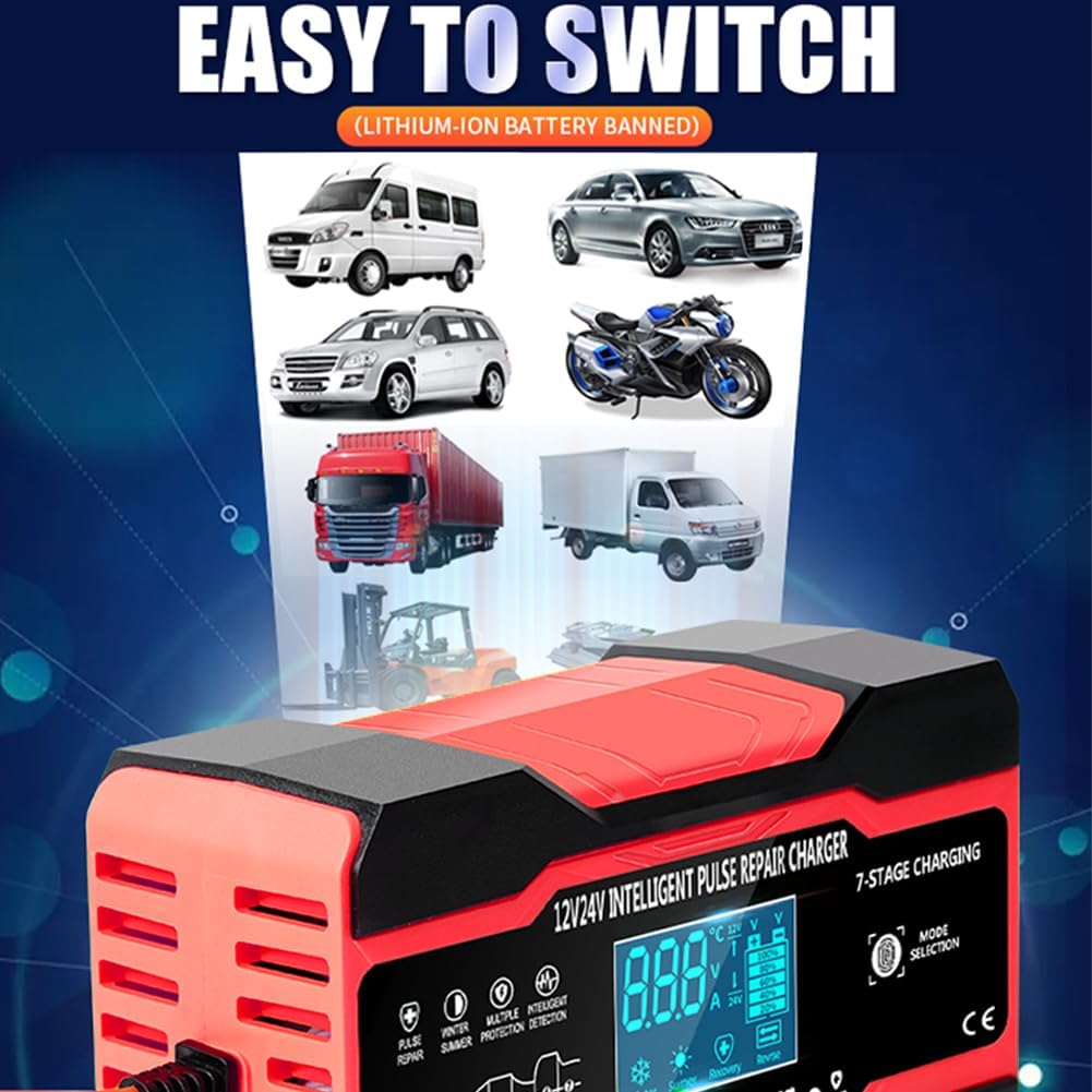 Thumbnail 5 de 10A Autobatterie Ladegerät, 12V/24V Smart vollautomatische Batterie Ladegerät mit 7-Stufiger Ladung und LCD-Bildschirm Batterie Ladegerät, geeignet für AGM, Wet und Gel-Blei-Säure-Batterien
10A Autobatterie Ladegerät, 12V/24V Smart vollautom…