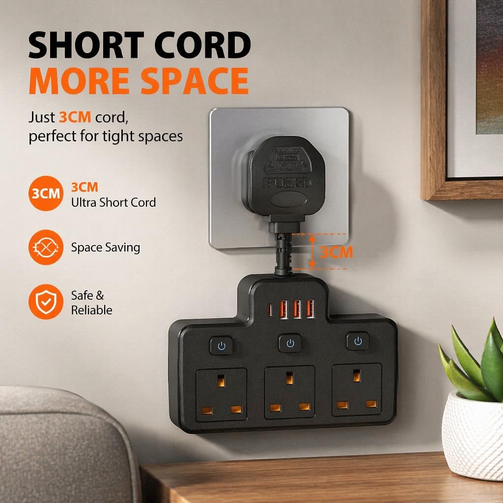 Thumbnail 3 de Multi Plug Extension with Flexible Plug (3 Way, 3 USB, Individual Switched, Black)