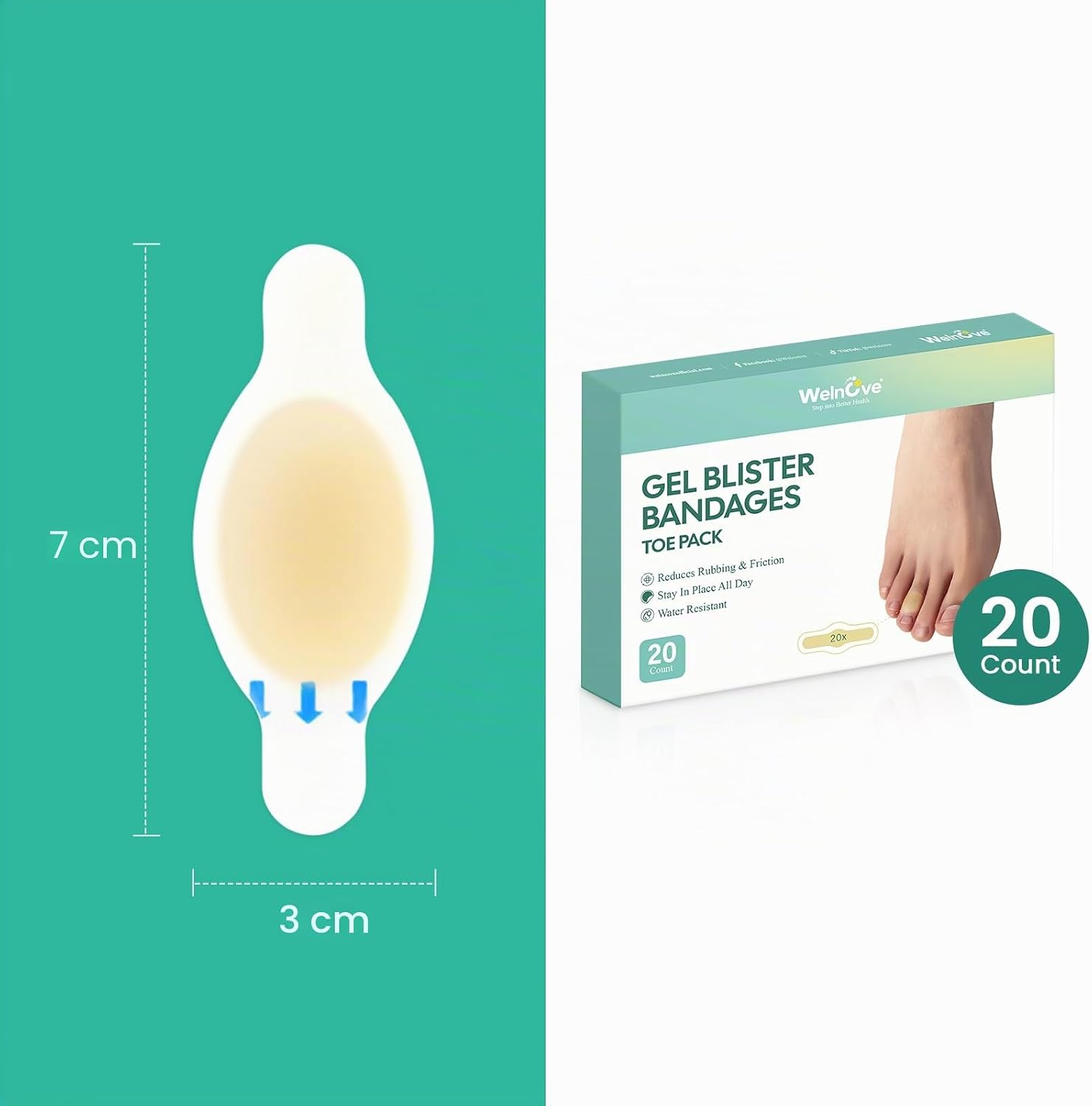 Detalle 2 de Welnove 20 pièces – Pansements pour ampoules au gel hydrocolloïde, coussinets invisibles pour talons, orteils et pieds
