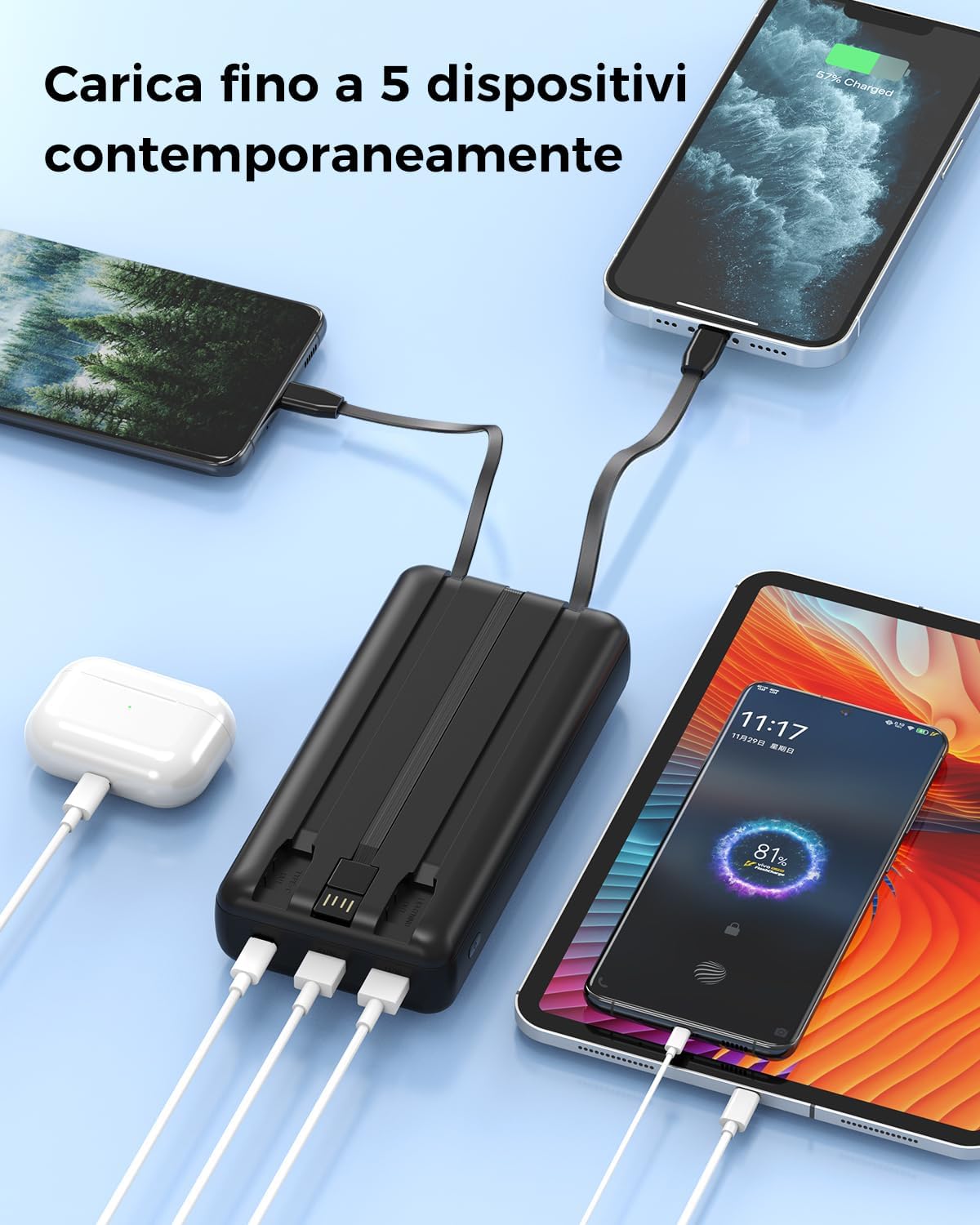 Thumbnail 5 de DRMARE Powerbank da 50000 mAh con 30W PD, 5 uscite e 2 ingressi con cavi integrati