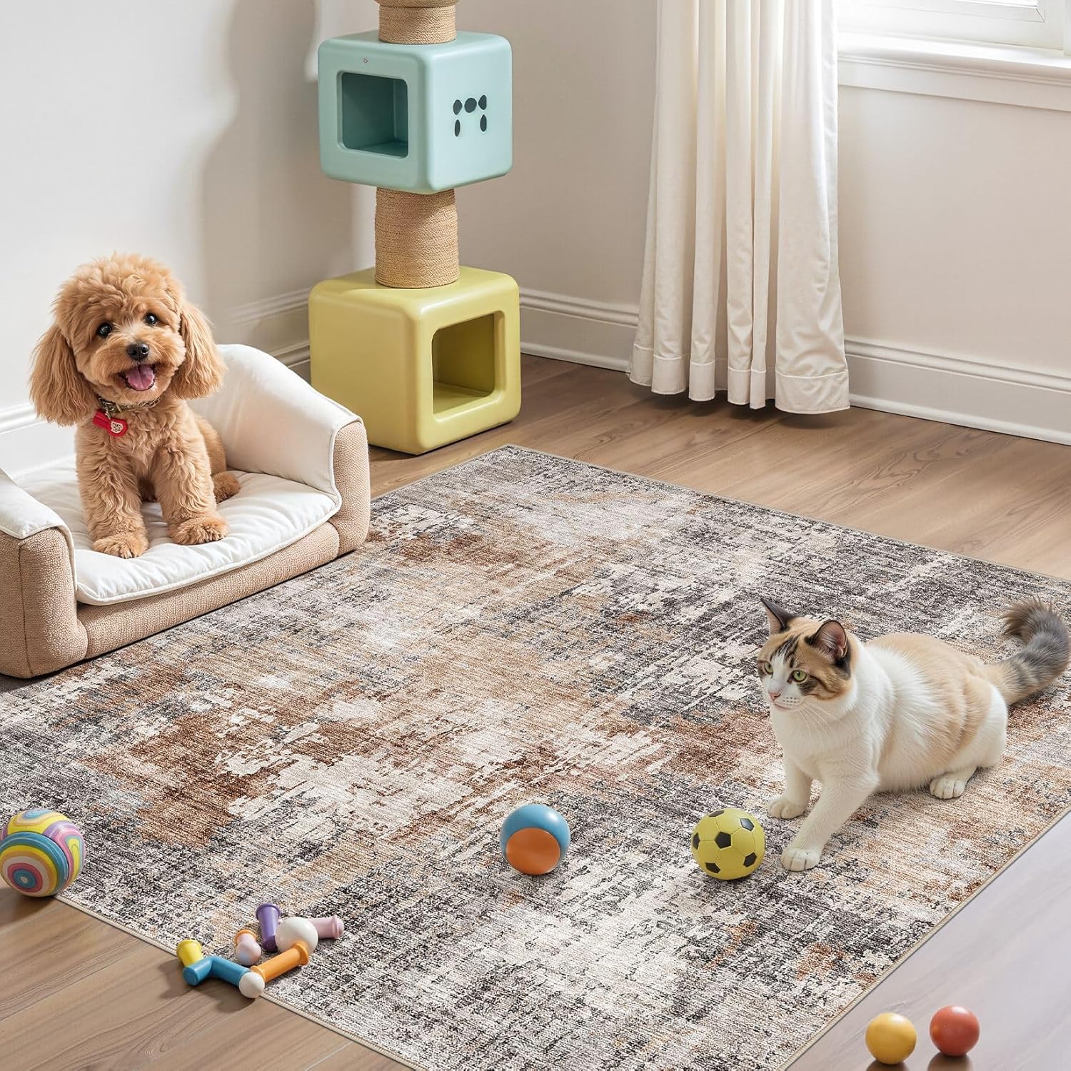 Thumbnail 2 de DMOYEST 5x5 Square Low Pile Area Rug (Washable, Non-Slip Backing) in Grey/Brown Neutral Abstract