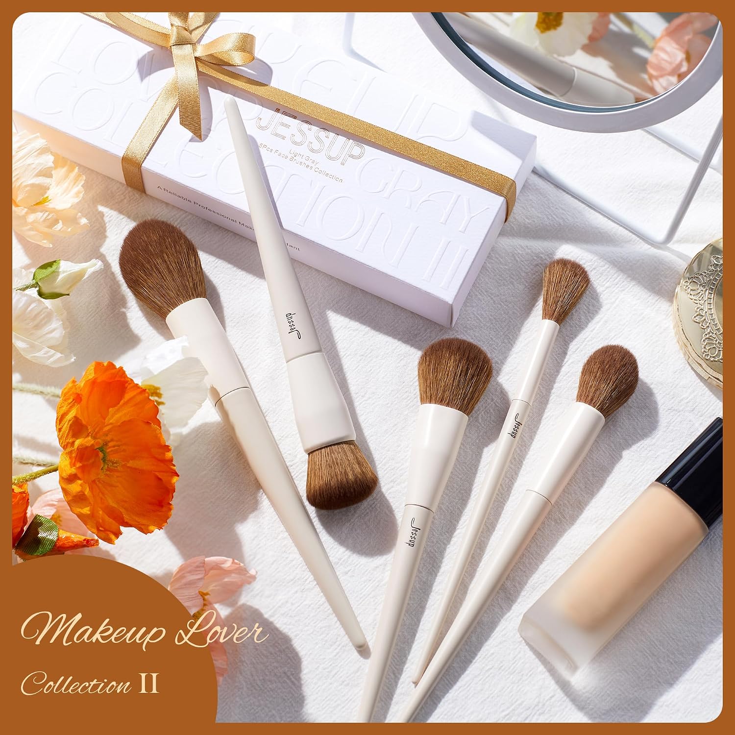 Detalle de Jessup 5-teiliges Make-up-Pinselset für das Gesicht (Hellgrau T493) – Foundation, Rouge, Bronzer, Kontur & Highlighter