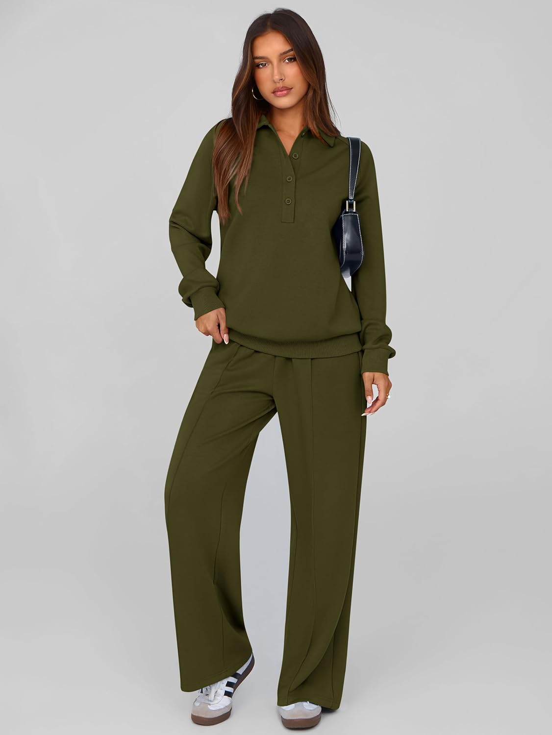 Detalle 2 de PRETTYGARDEN Women’s Fall 2-Piece Quarter-Button Sweatshirt & Wide-Leg Pants Lounge Set