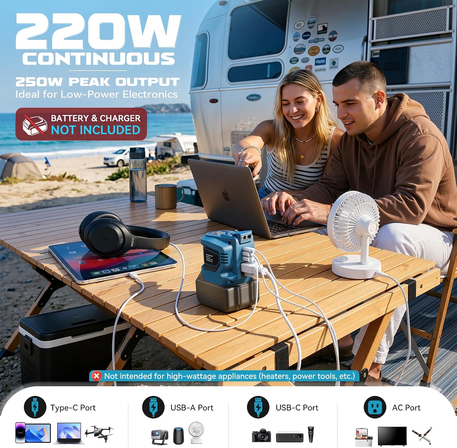 Detalle 1 de Ecarke 220Wポータブルパワーインバーター マキタ18V対応・AC110V・USB・LEDライト搭載