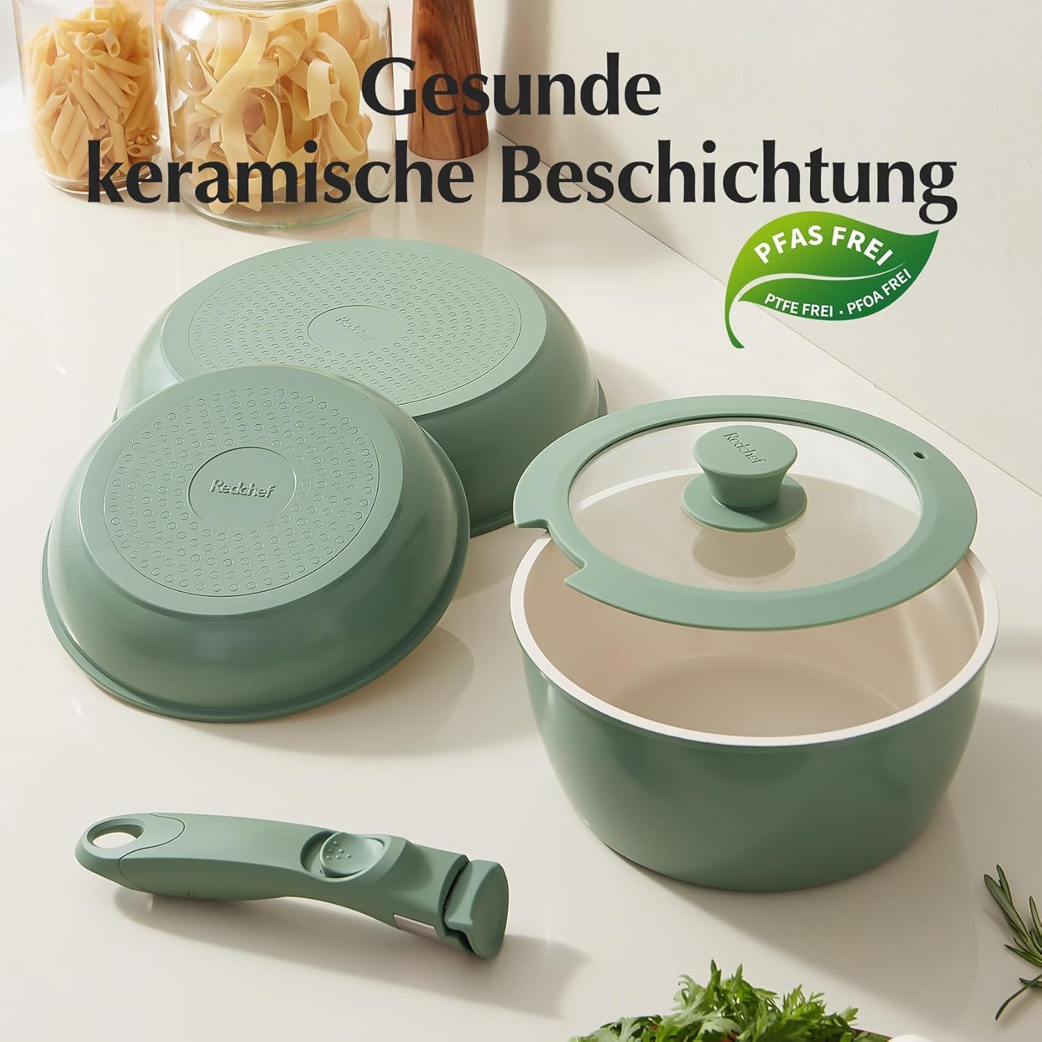 Detalle de Redchef Keramik Pfannenset mit abnehmbarem Griff, 5-teilig (PTFE-/PFAS-/PFOA-frei)