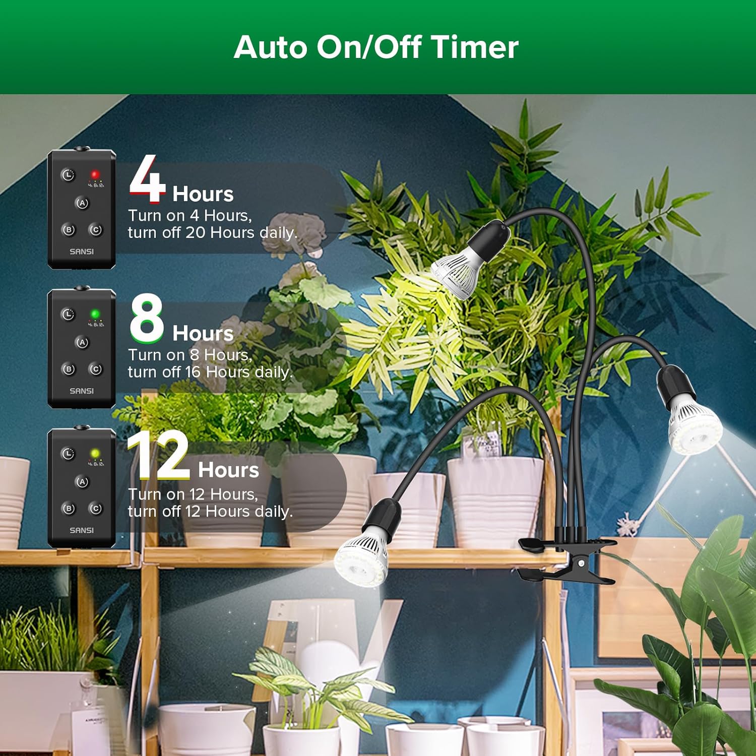 Thumbnail 2 de SANSI Lampada LED per piante da interno 30W (equivalenti 450W), spettro completo e timer 4/8/12 ore