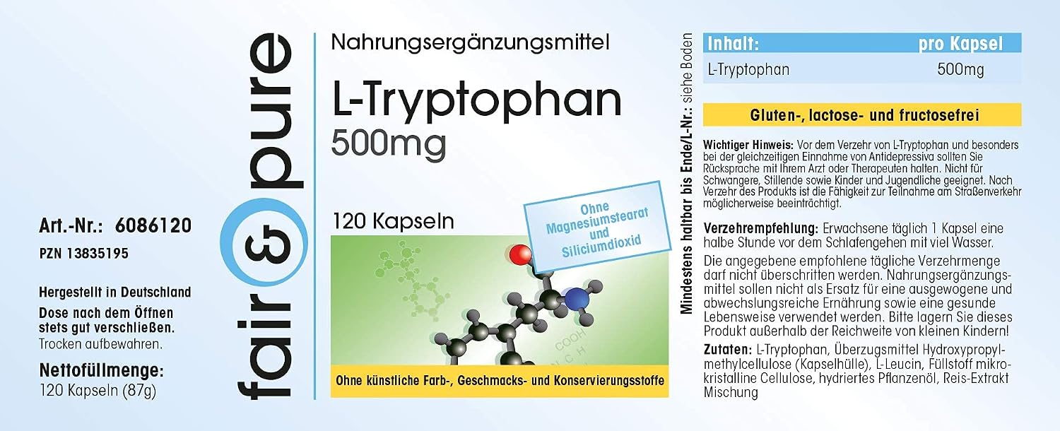 Detalle de Fair & Pure L-Tryptophan 500 mg — 120 Kapseln Hochdosiert, ohne Zusatzstoffe, in Deutschland hergestellt