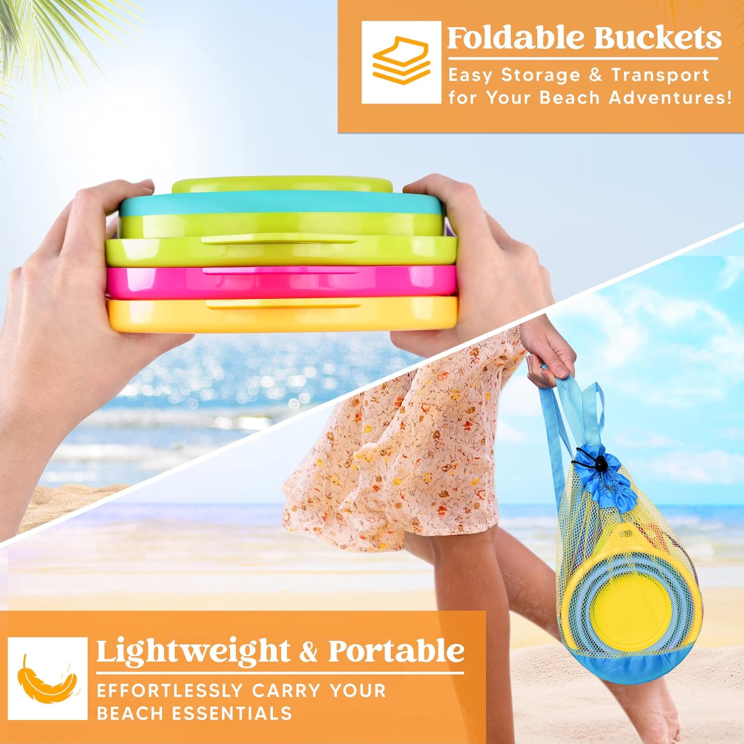 Thumbnail 3 de JOYIN 3er-Set faltbare Eimer mit Schaufeln (inkl. Netztasche) – Strand- & Sandkasten-Spielzeug