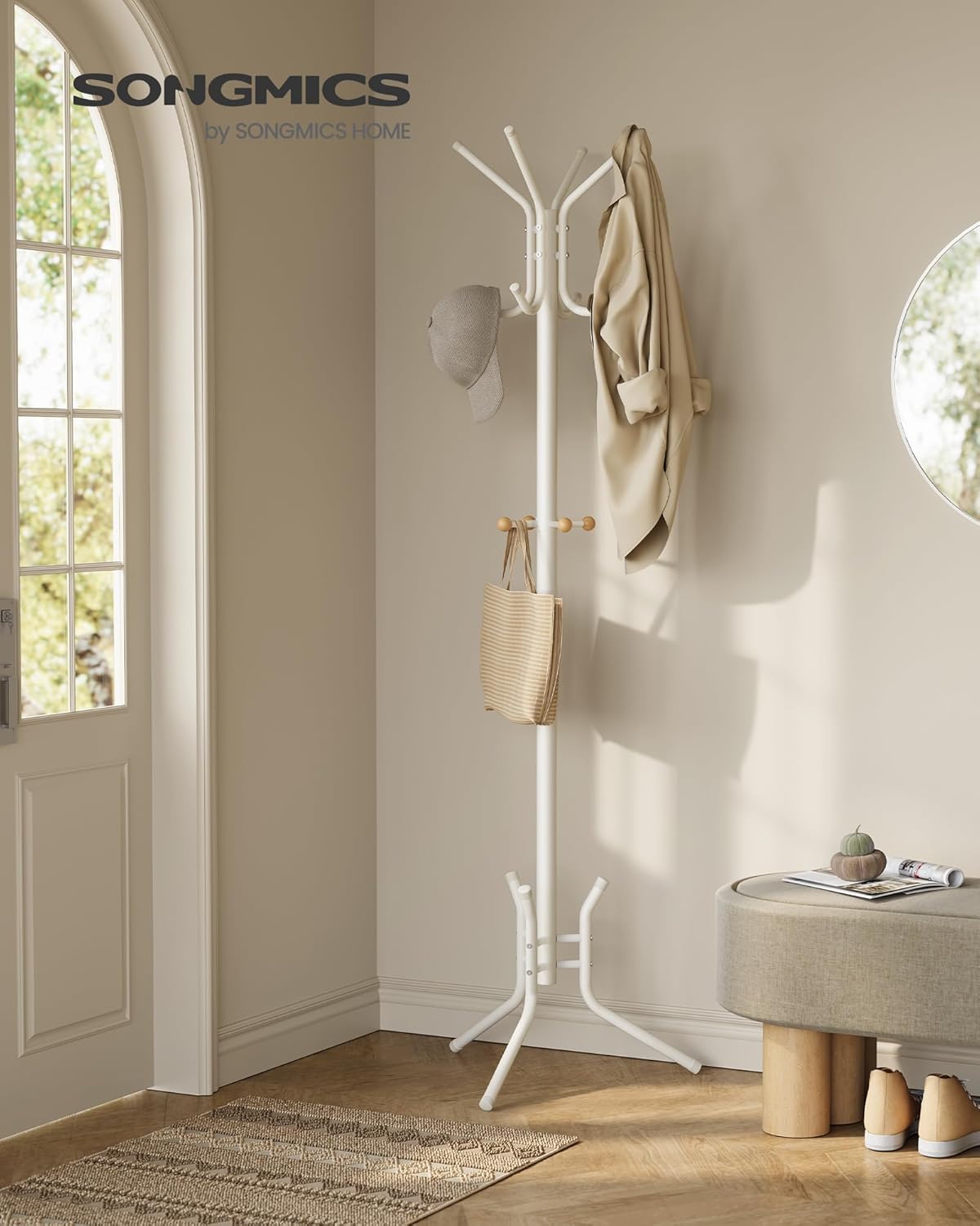 Detalle de SONGMICS Appendiabiti da Terra RCR017W01 – 178 cm, 12 ganci, metallo bianco perla