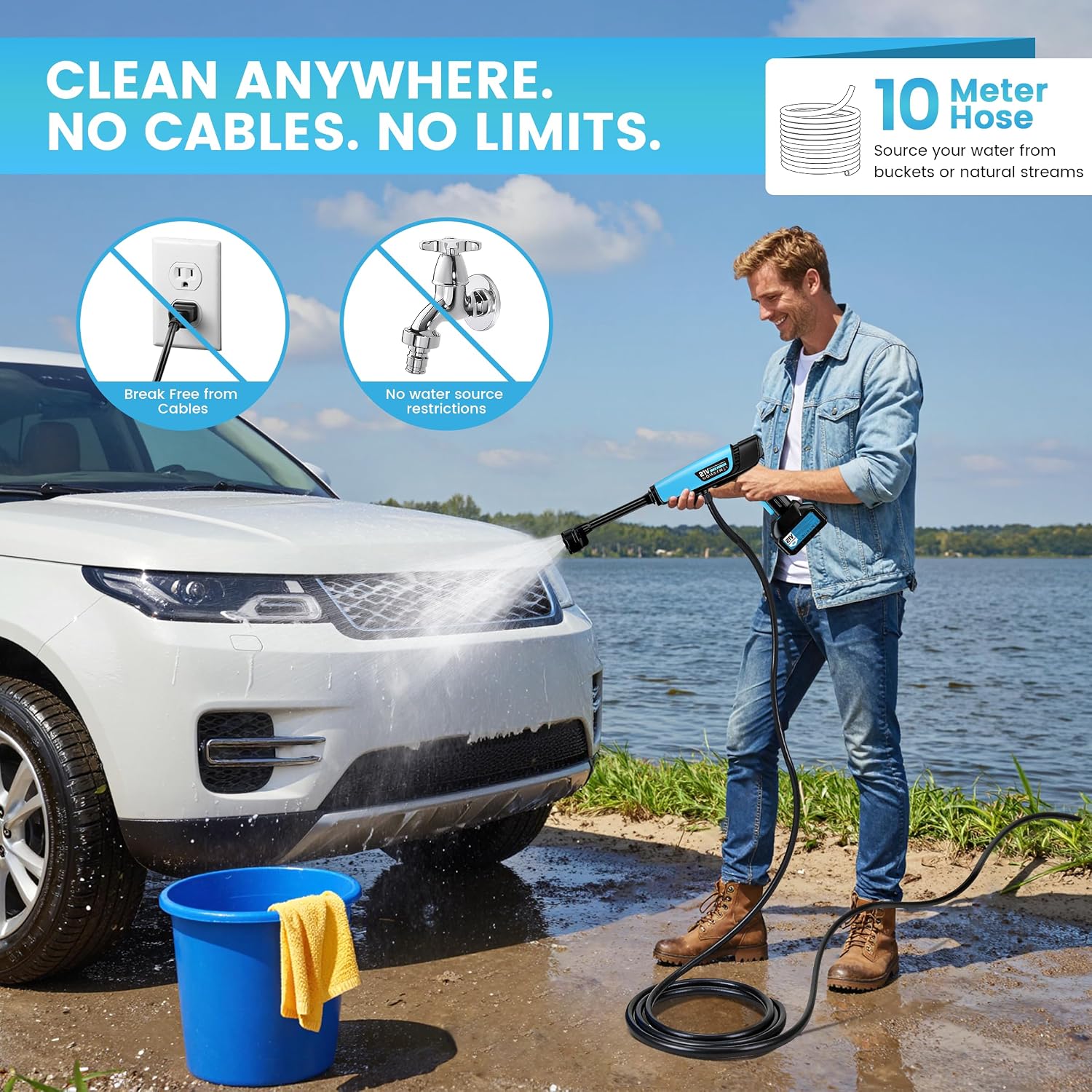 Thumbnail 1 de Cordless Pressure Washer with Dual 21V Batteries and 10m Hose – Versatile Battery-Powered Jet Wash