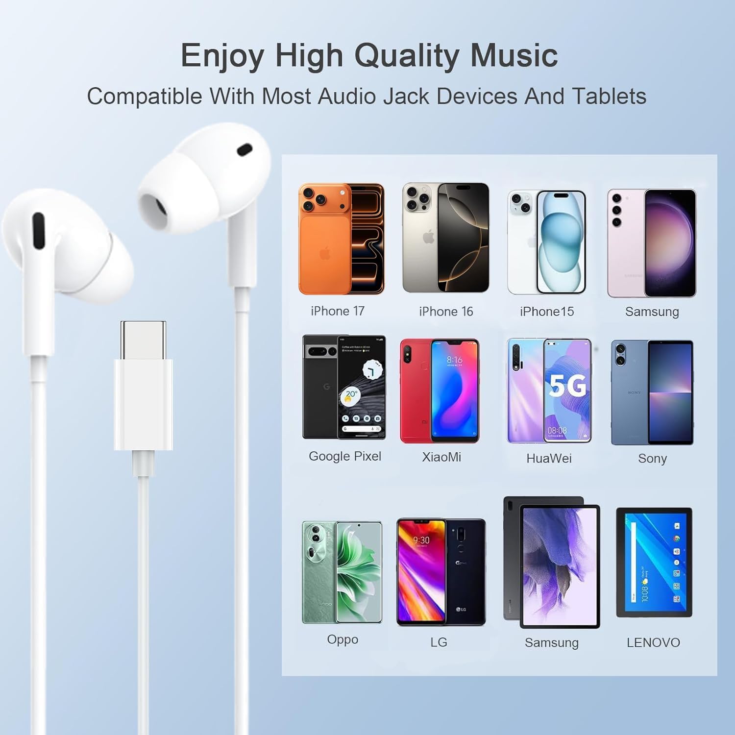 Detalle 2 de USB-C Wired Earphones with Volume Control & Microphone — In-Ear Headphones for USB-C Phones