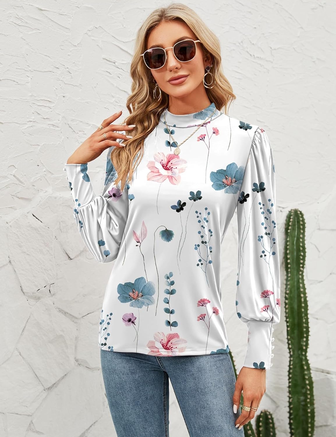 Detalle de Tisfeer Damen Bluse Langarm Rollkragen mit Puffärmeln – eleganter Basics-Top für Herbst/Winter