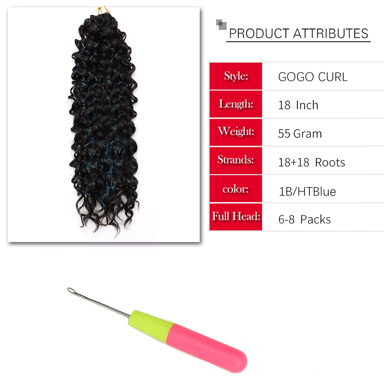 Detalle de YXCHERISHAIR GoGo Curl Water Wave Crochet Hair – 18in, 7 Packs, 1B/HTBlue