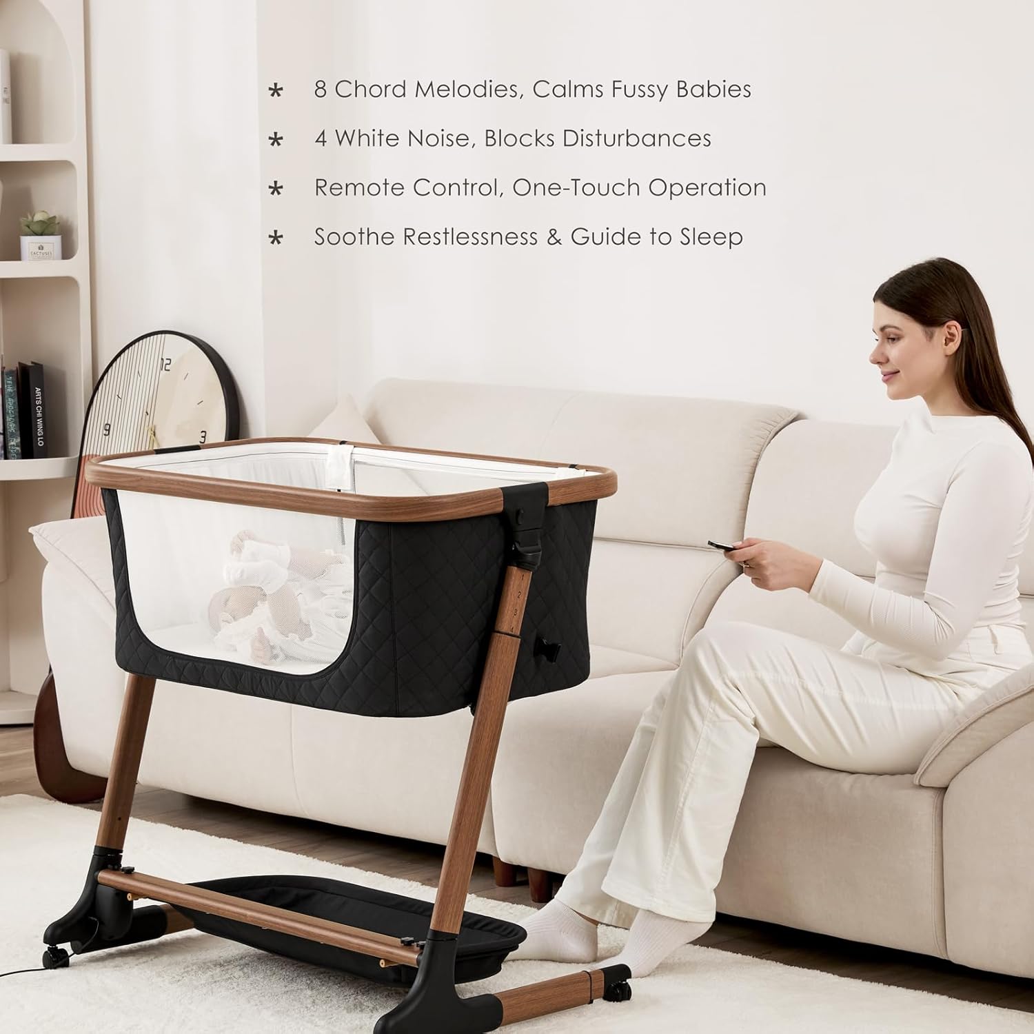 Detalle de ANGELBLISS Electric Baby Bassinet Bedside Sleeper with Auto Rocking (Remote/Touch), 12 Sounds, 6 Heights, Storage & Wheels (Black) with Breathable Mesh